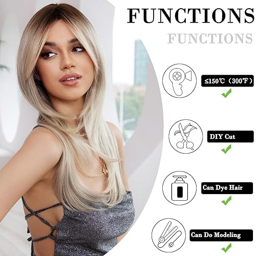 Miniatura 2 de Peluca negra con flequillo, pelucas rectas de longitud media natural para mujer, pelucas sintéticas de fibra resistente al calor para uso diario