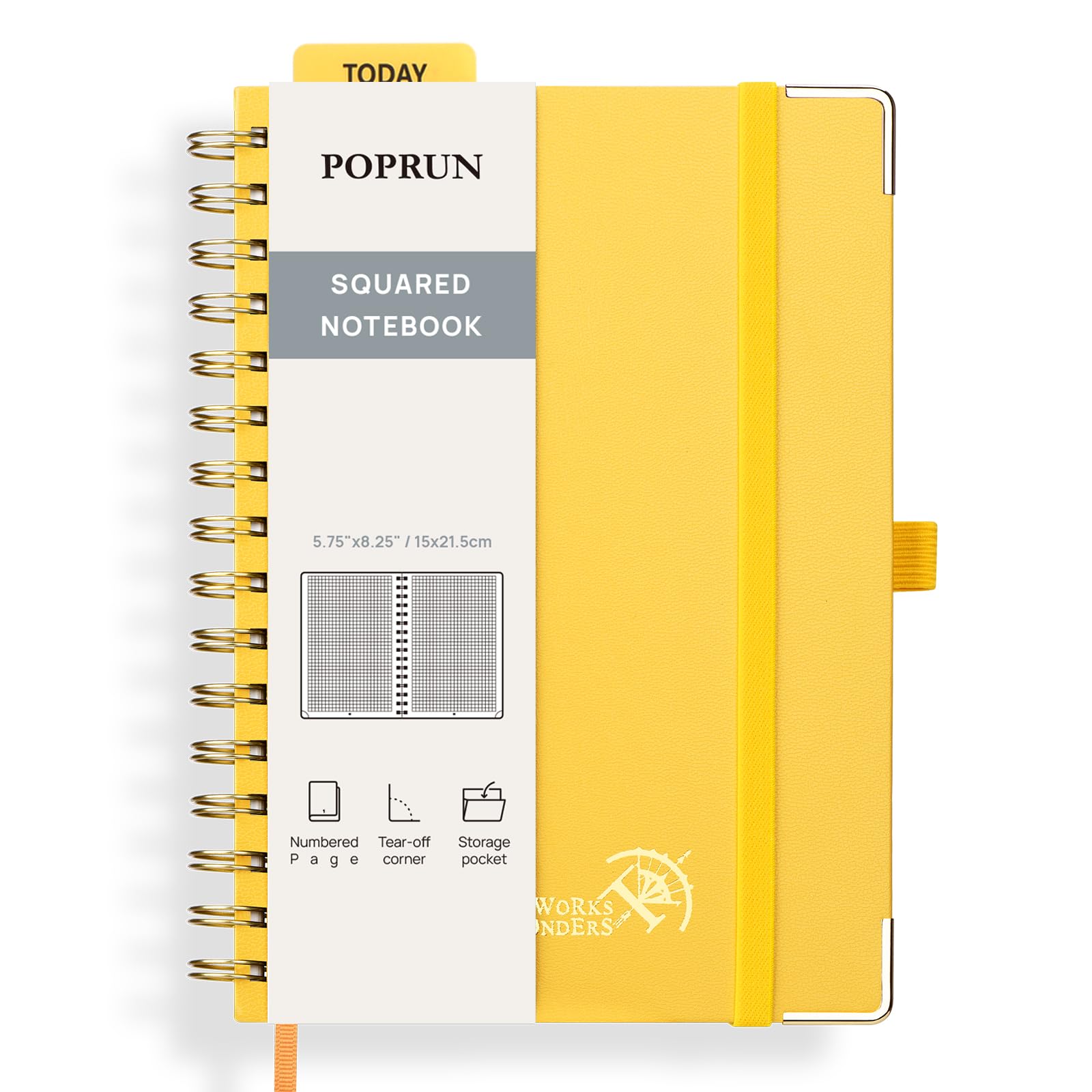 POPRUN A5 Squared Notebook, 141 Pages Spiral Notebooks, 120gsm Thick Graph Paper, Hardback Grid Journals for Women & Men, Wirebound Notepad for Planning, Diary, Journaling, 15x21.5cm, Light Yellow โ image 1