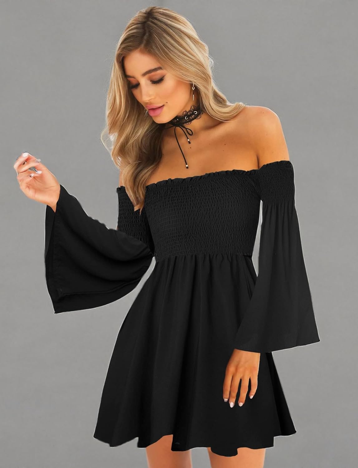 Women's Dress Summer Floral Long Sleeve Off Shoulder Casual Mini Dresses - Image 6