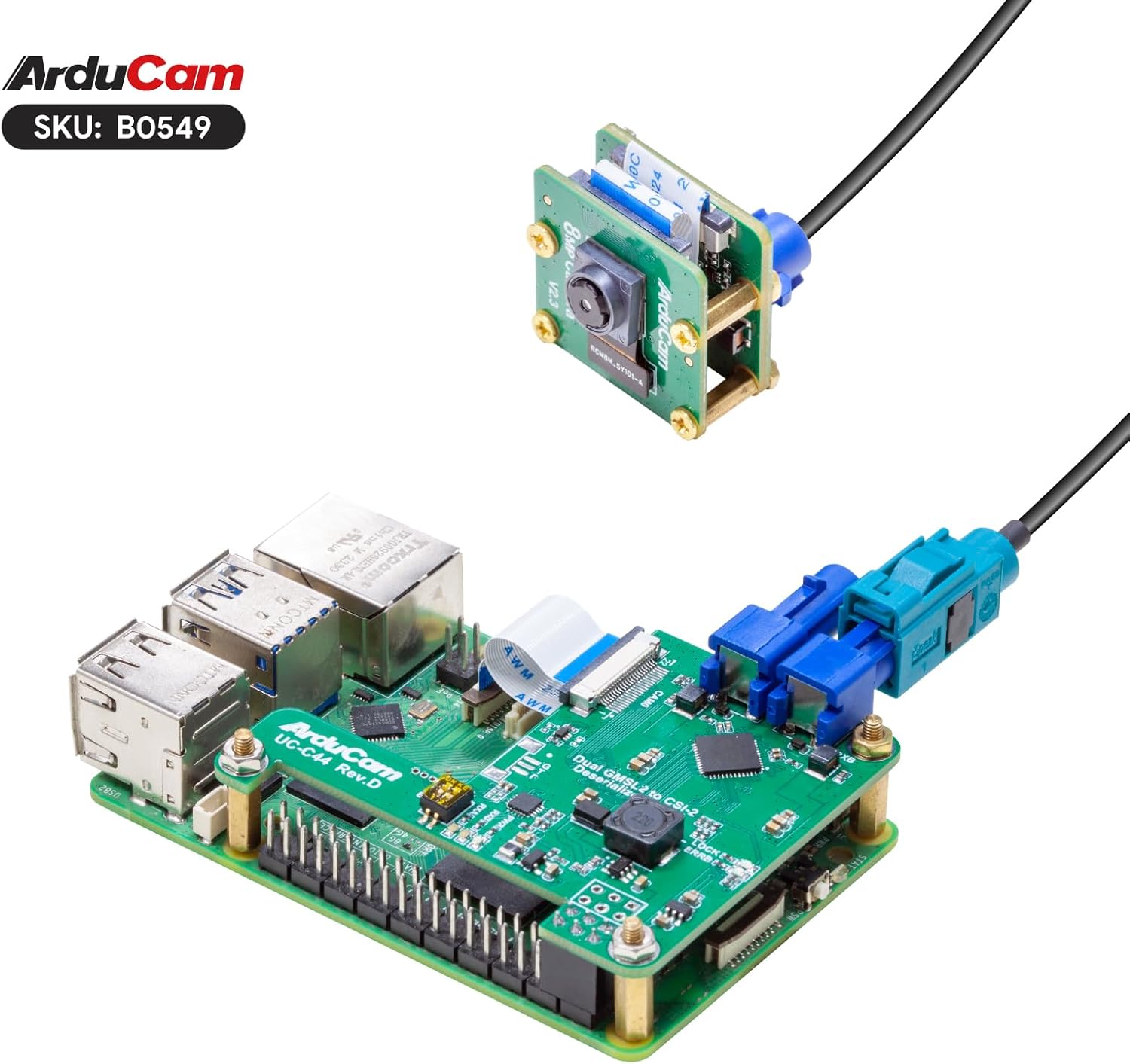 Arducam GMSL2 Rx board mounted on Raspberry Pi