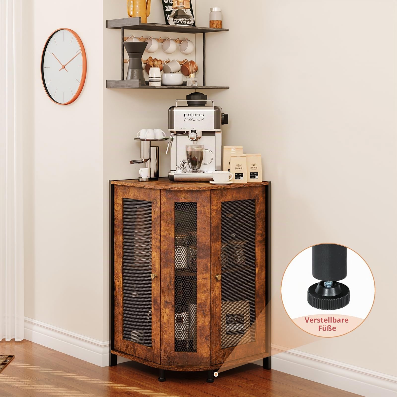 Kommasyto 3-stöckiger Eck-Kaffeeschrank mit Ablageregal und magnetischer Tür für Küche, Eingang, Wohnzimmer oder Esszimmer