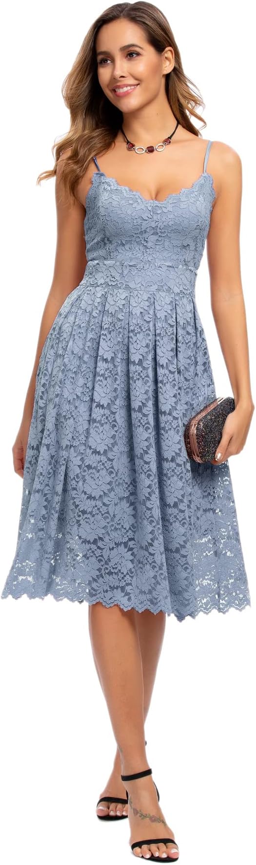 Womens Spaghetti Strap V Neck Sleeveless A Line Lace Dresses for Evening Cocktail Formal Wedding Guest