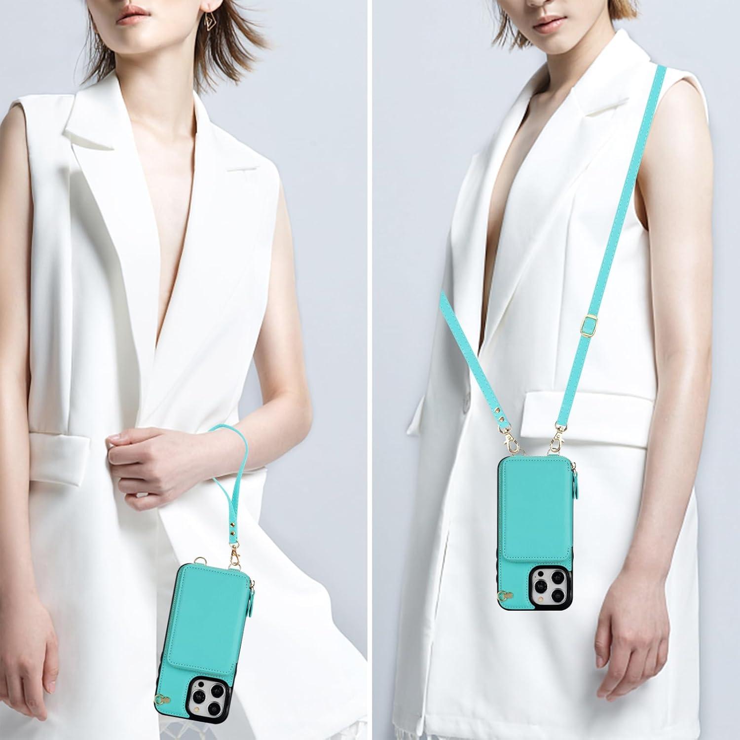 Bocasal Crossbody Wallet Case for iPhone 15 Pro Max, RFID Blocking Leather Purse Case with Card Holder, Protective Handbag Flip Cover with Zipper Wrist Strap Lanyard for Women 5G 6.7 Inch (Mint Green)