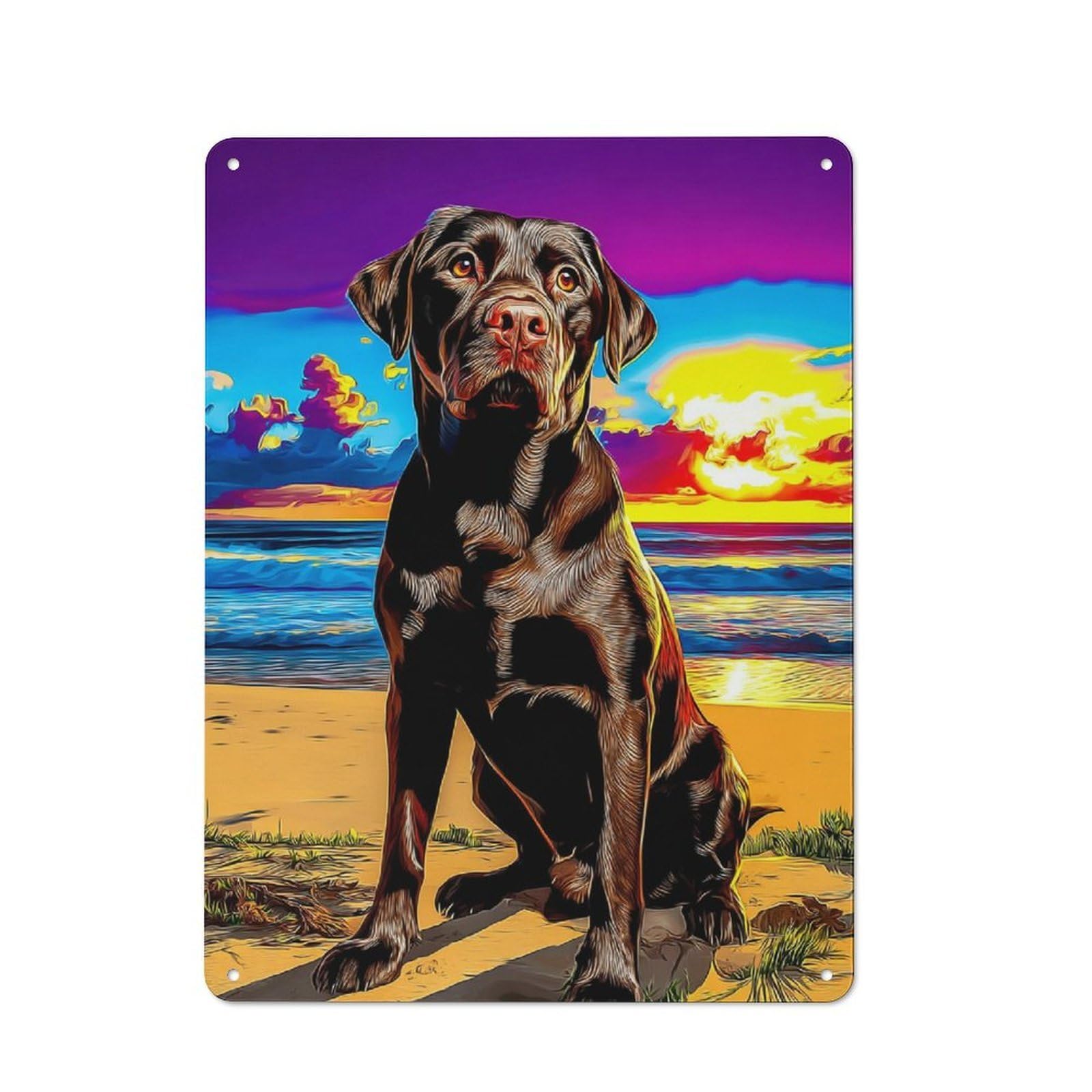 Junmoney Beach Sunset With Dog -2 Retro Decorative Tin Plaque 40X30cm Featuring Novelty Wall Art For Bedroom, Kitchen, Office Or Living Room