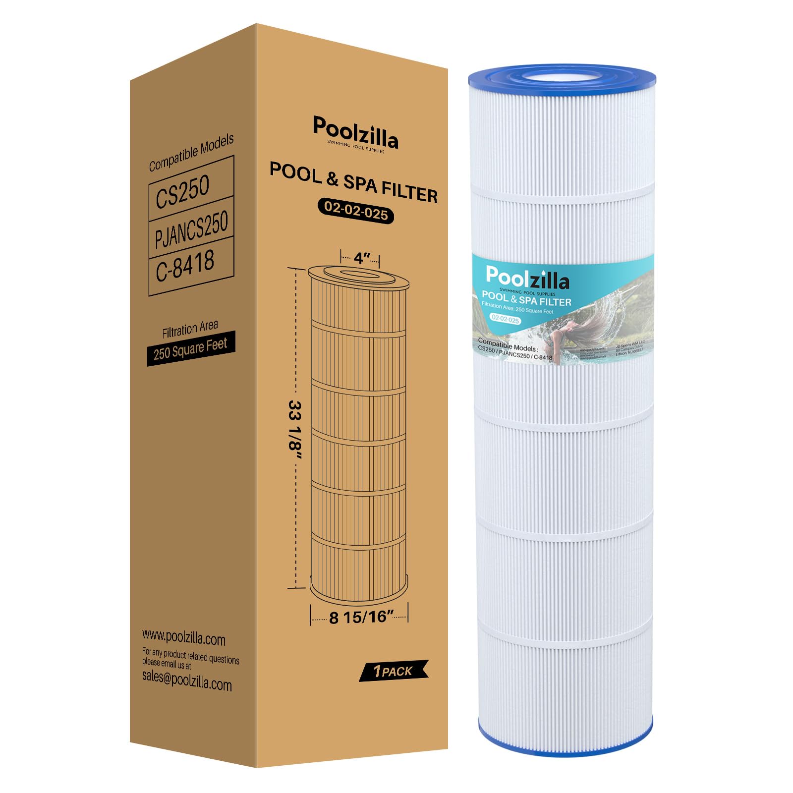 Poolzilla 1-Pack Replacement for Pool Filter PLFPJANCS250, Pleatco PJANCS250, Jandy CS250, R0462500, Unicel C-8425, Filbur FC-0824, Hydropool 17-175-3630 - Pool Filter Cartridge - 250 sq.ft