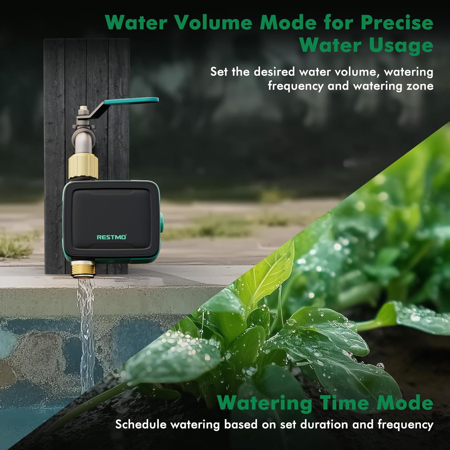 RESTMO Brass Inlet & Outlet Smart Sprinkler Hose Timer with Flow Meter, Water Timer for Garden Hose with APP Remote Control (2.4GHz WiFi Connection), Automatic Drip Irrigation System for Lawn, Yard