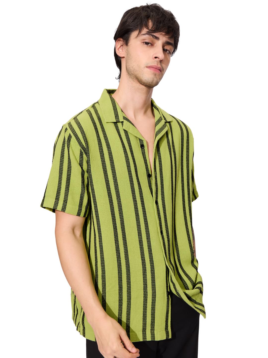 Stripes: Lime Men and Boys Short Sleeves Collared Neck Button Front Regular Fit Textured Shirts-image-46
