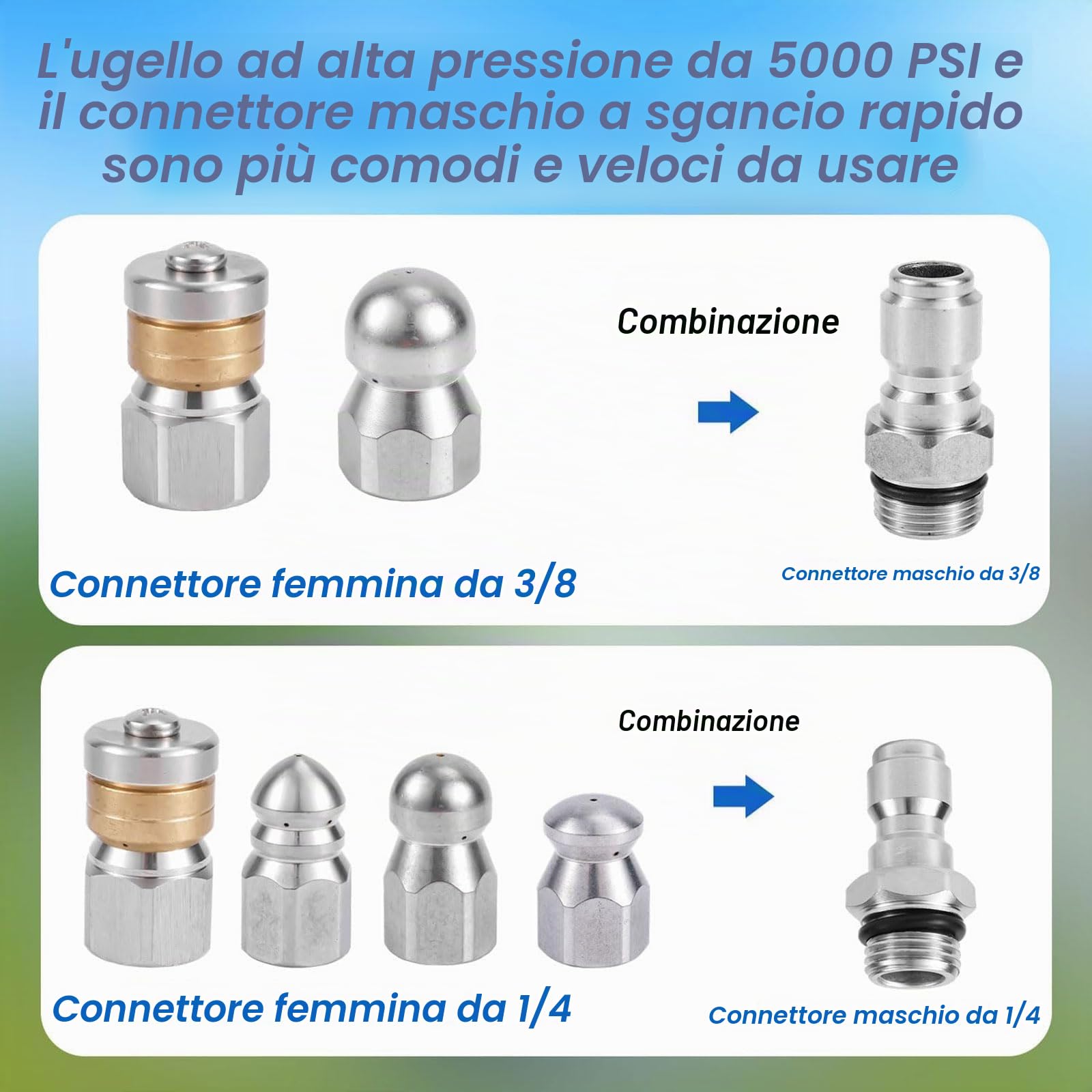 Gosknor 10 Pz Ugelli Getto di Fognatura con Connettori Rapidi NPT da 1/4 di Pollice e 3/8 di Pollice, con Aghi e Nastro Ugello per Tubo Flessibile per Scarico a Pressione Idropulitrice 5000 PSI