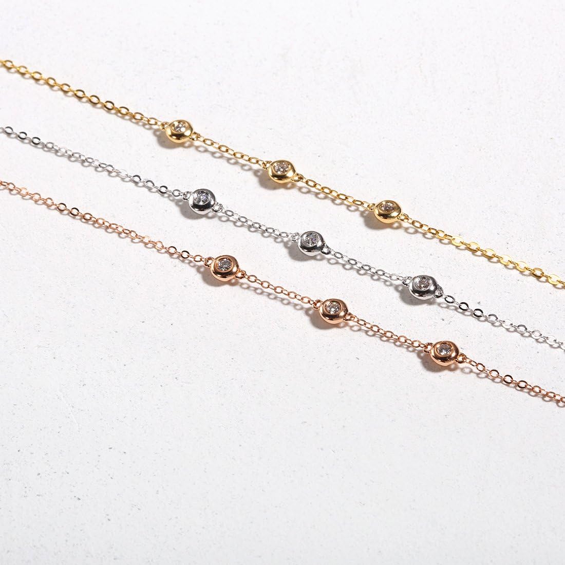 Carleen 18K Solid Gold Three Round Dot 0.045 ct Genuine Diamond Station Bracelet Minimalist Dainty Delicate Fine Jewelry Gift For Women Girls, Chain Length 6.7+1.2 Inch - Image 2