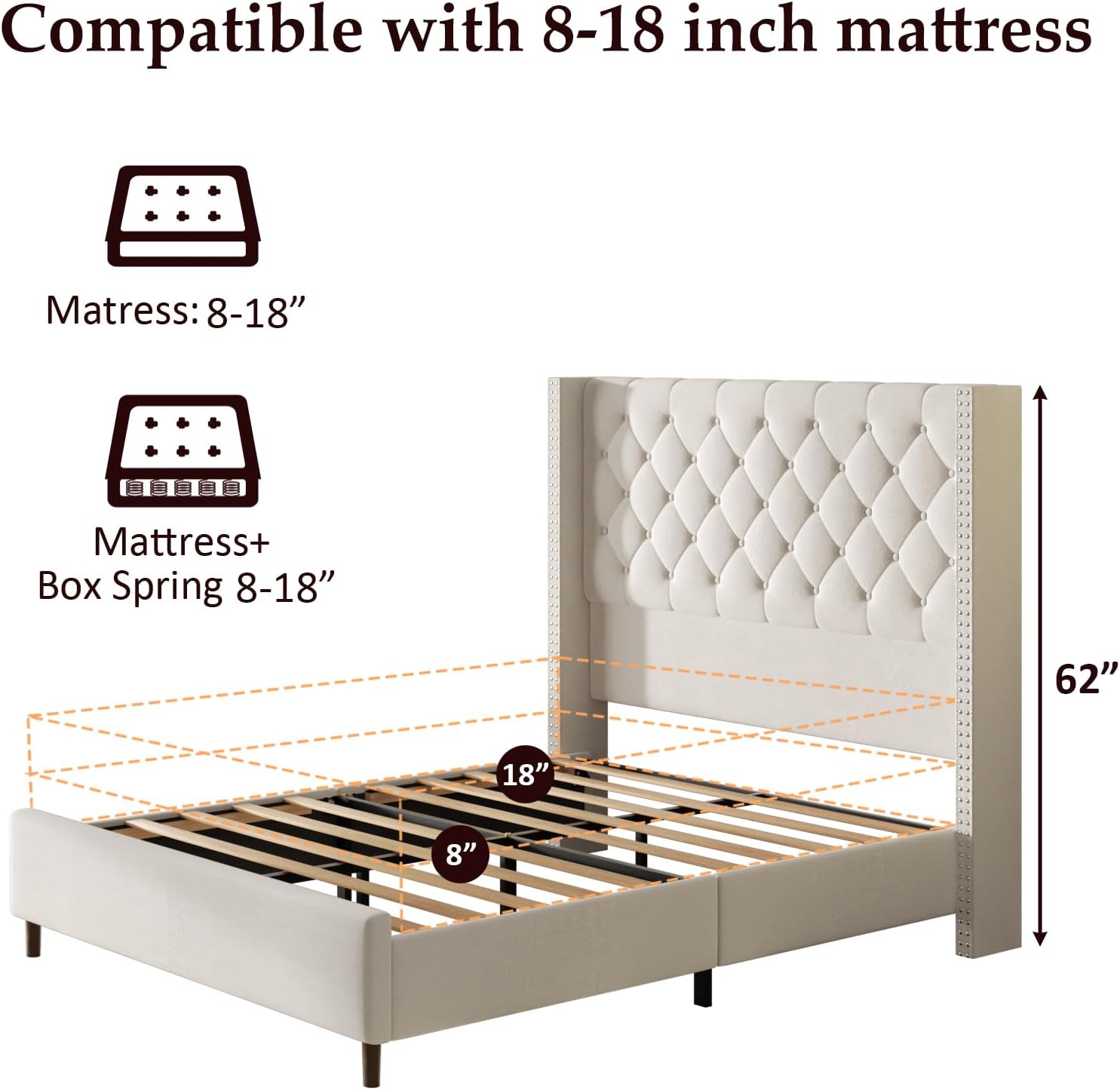Queen Size Bed Frame with 62" Tall Wingback Headboard, Velvet Upholstered Platform Bed with Button Tufting & Vintage Rivets, No Box Spring Needed, Easy Assembly, Beige