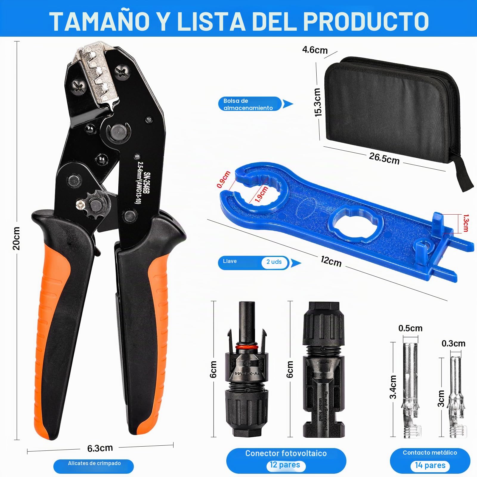 Juego de Herramientas de Crimpado Solar 2,5/4/6 mm², 12 pares Conectores Macho Hembra, Alicate de Engaste