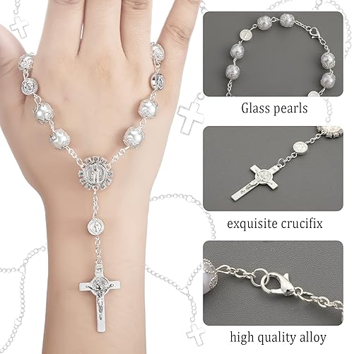 Miniatura 4 de 4 piezas de rosario plateado de San Benito para el espejo retrovisor del automóvil, rosario para colgar en el auto, clip de visera de San Cristóbal