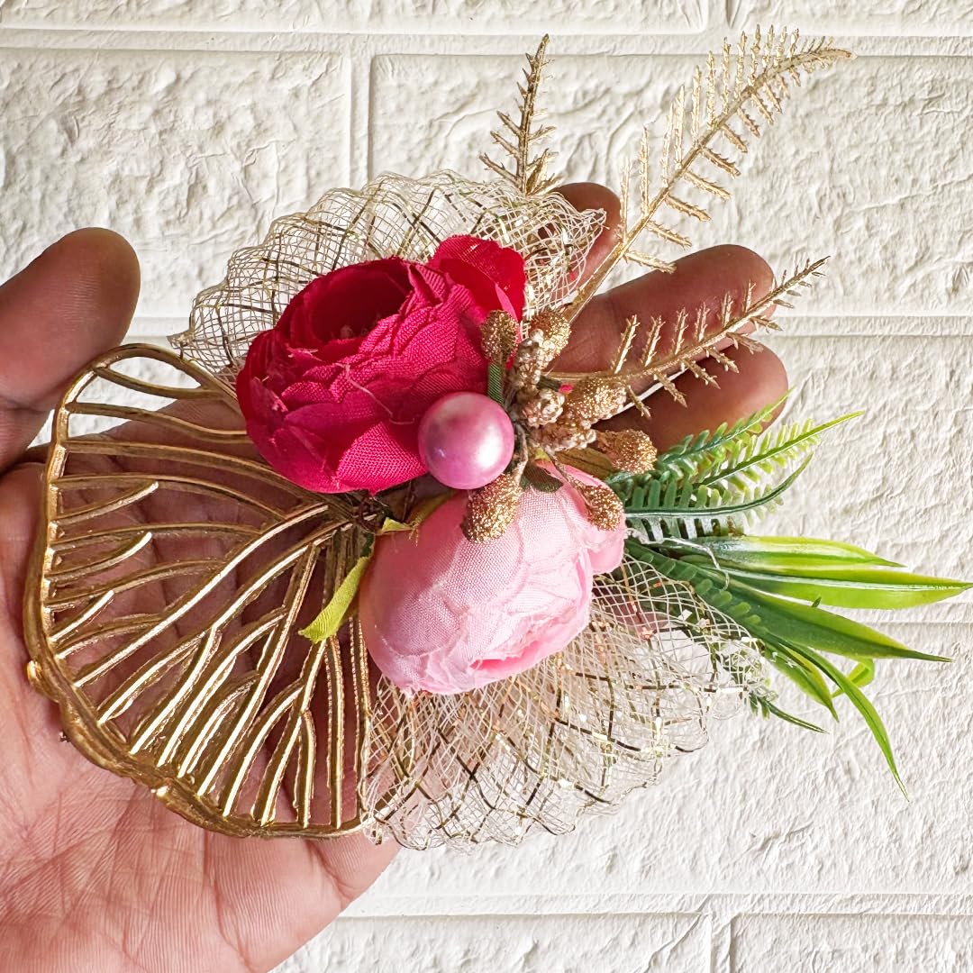 CRAFT SHOP INDIA Peonies Flower Golden Leaf Brooch Hamper, for Decoration, Gifting, Trousseau Packing | Fake Rose Flower Bunch Hamper (6, Rani)