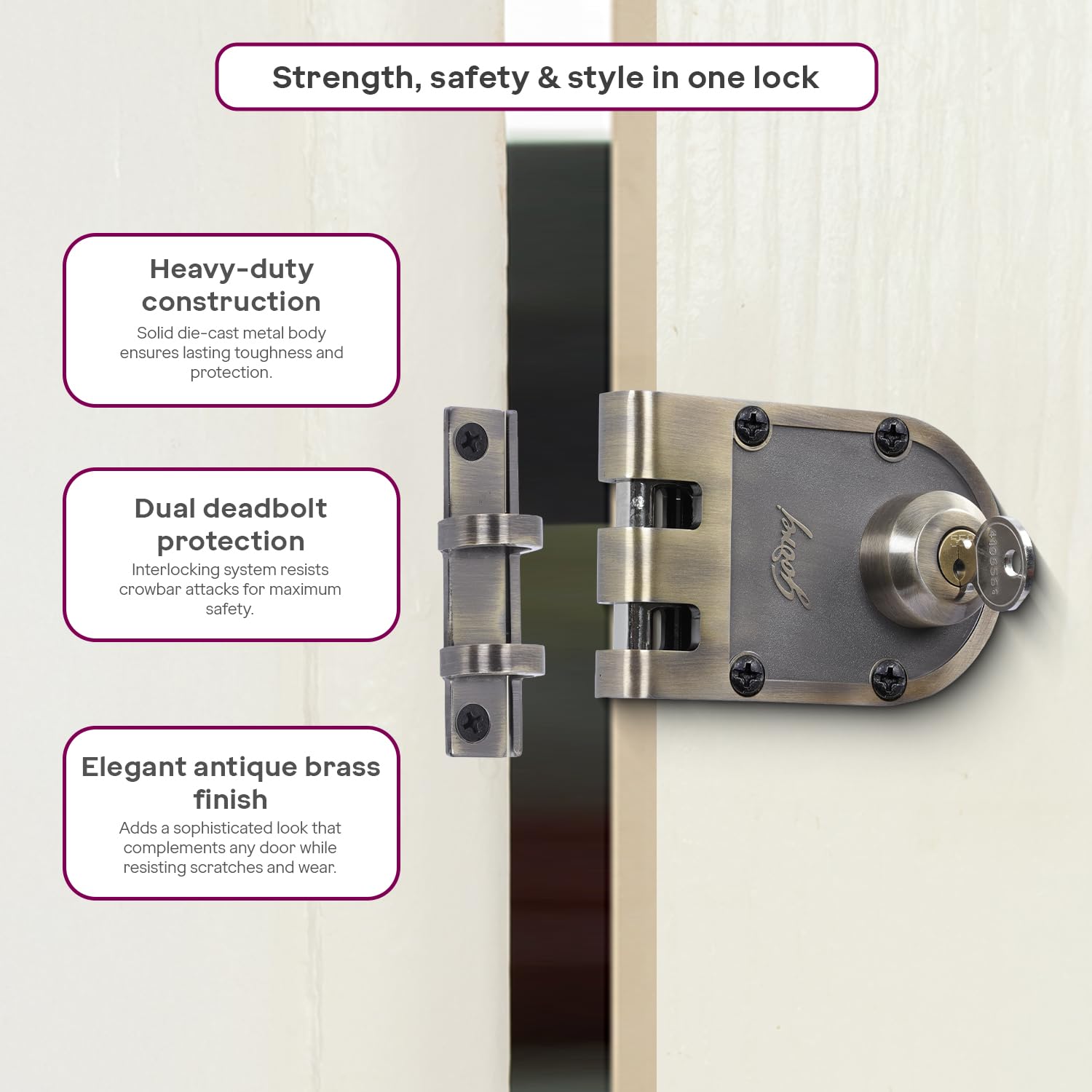 Godrej Rim Lock | Vertibolt Ultra | 2C Deadbolt | 14 Pin Cylinder | for Inside Opening, Double & Sliding Wooden Main Doors | 4 Keys | Manual Locking | Antique Brass Finish | 5 Year Warranty — Amazon image 3