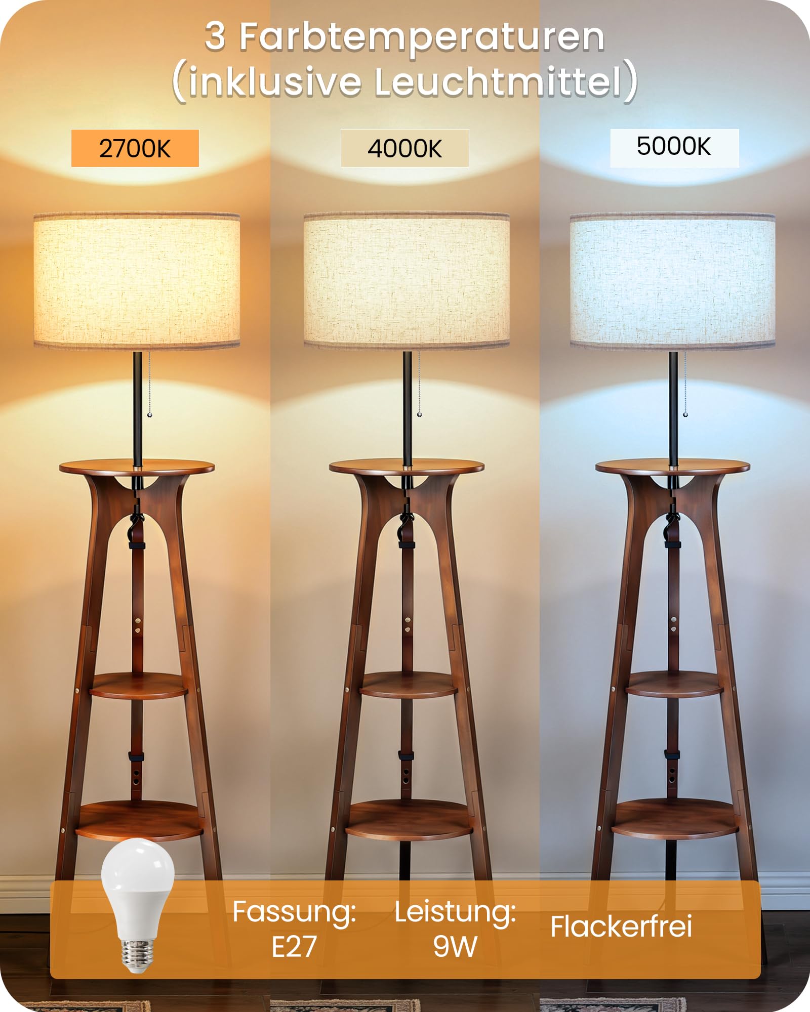 Stehlampe Dimmbar Dreibeinige Holz mit 3 Regalen, Holzstativ Stehleuchte mit 3 Farbtemperaturen für Wohnzimmer, Schlafzimmer, Arbeitszimmer, Beige und Dunkle Walnussfarbe, ZSTE25LDD05