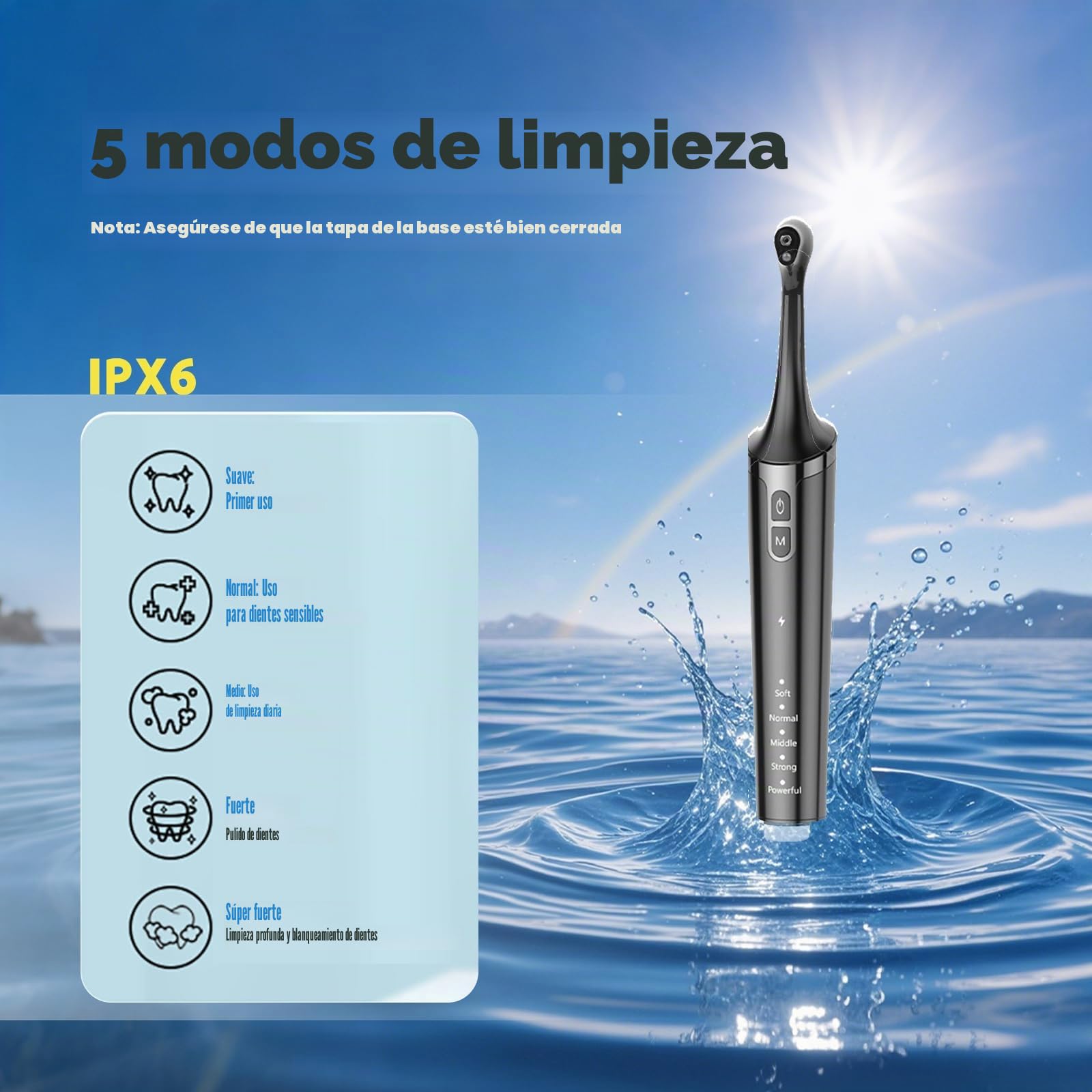 Pulidora de dientes eléctrica para eliminar manchas de placa con 6 cabezales - Quitamanchas dentales para blanquear los dientes amarillos