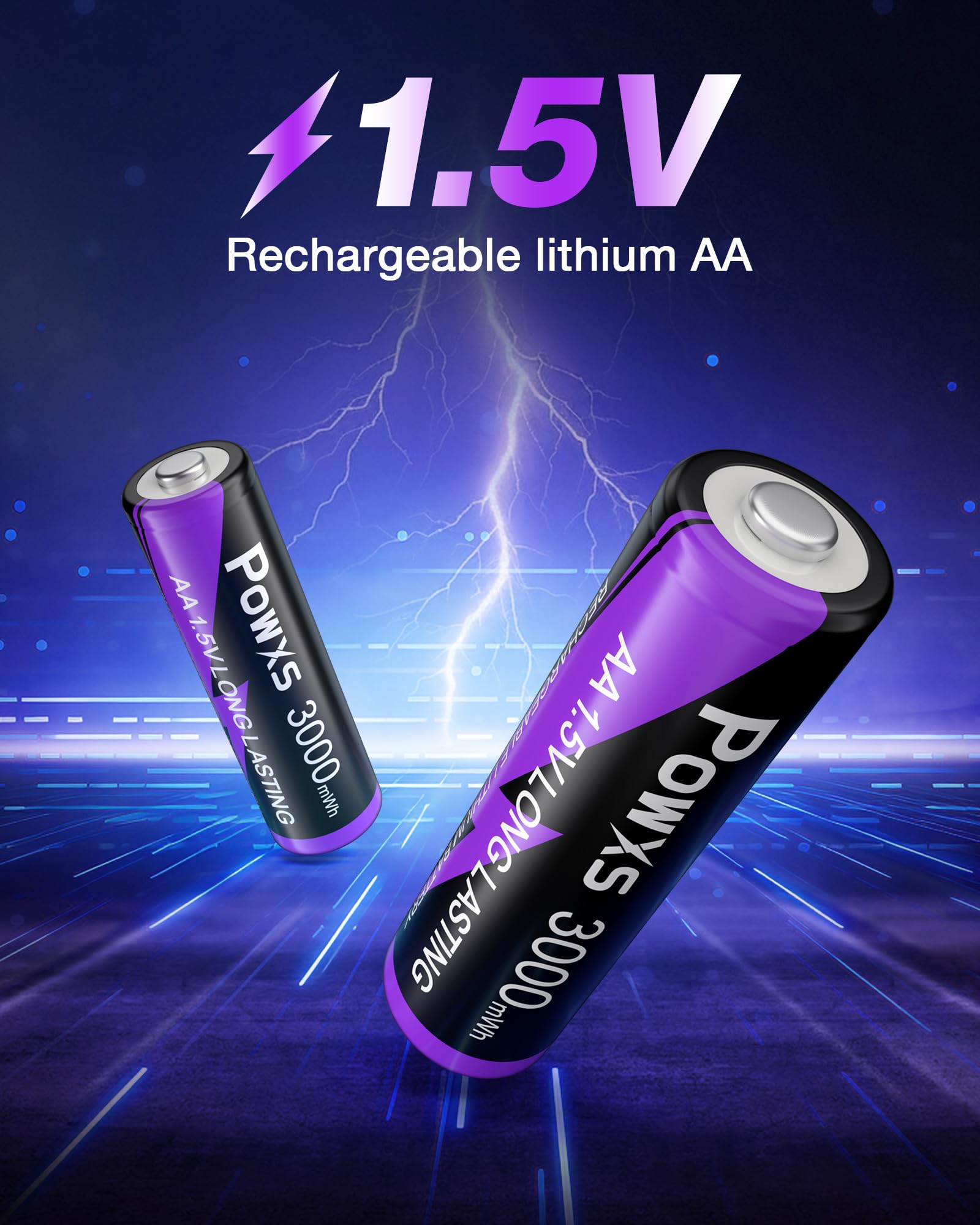 POWXS 1.5V Lithium Akku AA 8-Pack 2000 Zyklen & Stahlgehäuse, 3000mWh,mit USB Schnelladegerät, Kompatibel AA/AAA für Spielgeräte & Blink-Kameras