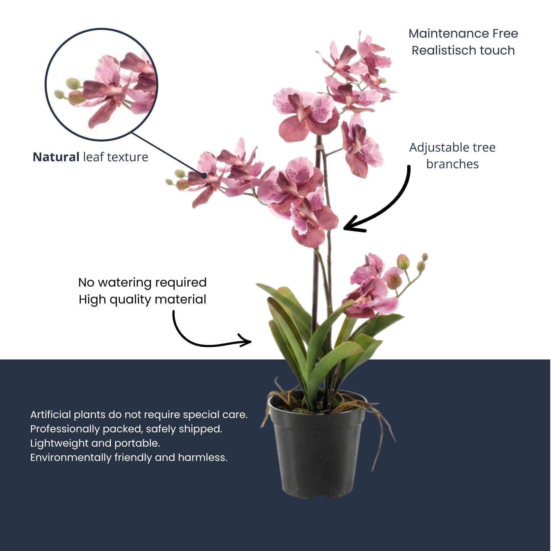 Orchidea Vanda sztuczna roślina – ok. 60 cm – brudny róż – sztuczna orchidea w doniczce – bez pielęgnacji roślina dekoracyjna do salonu, biura i recepcji