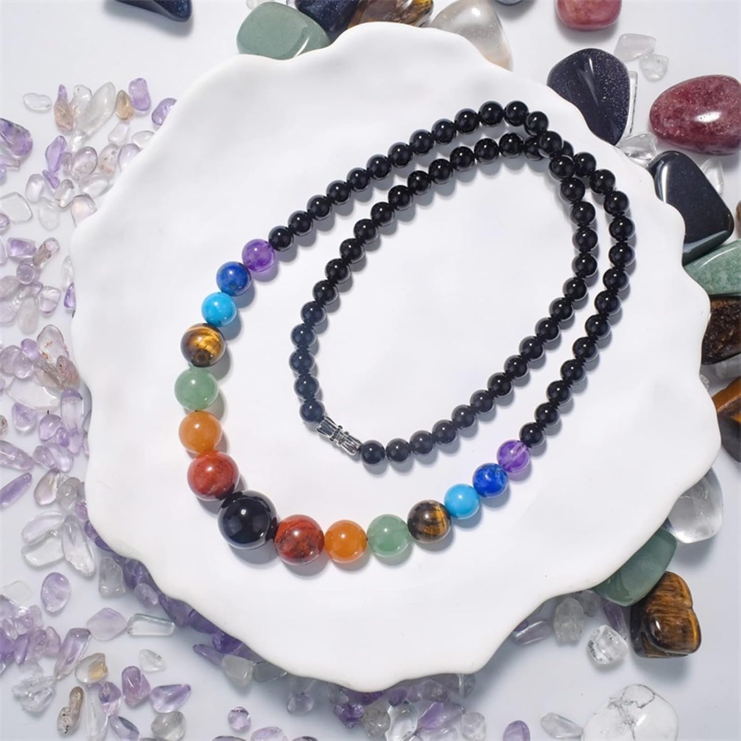 WETMT Obsidian Chakra Necklace for Women 7 Natural Crystal Healing Necklace Gemstone Beaded Necklace Yoga Stone Beaded Necklace Handmade Jewelry - Image 4