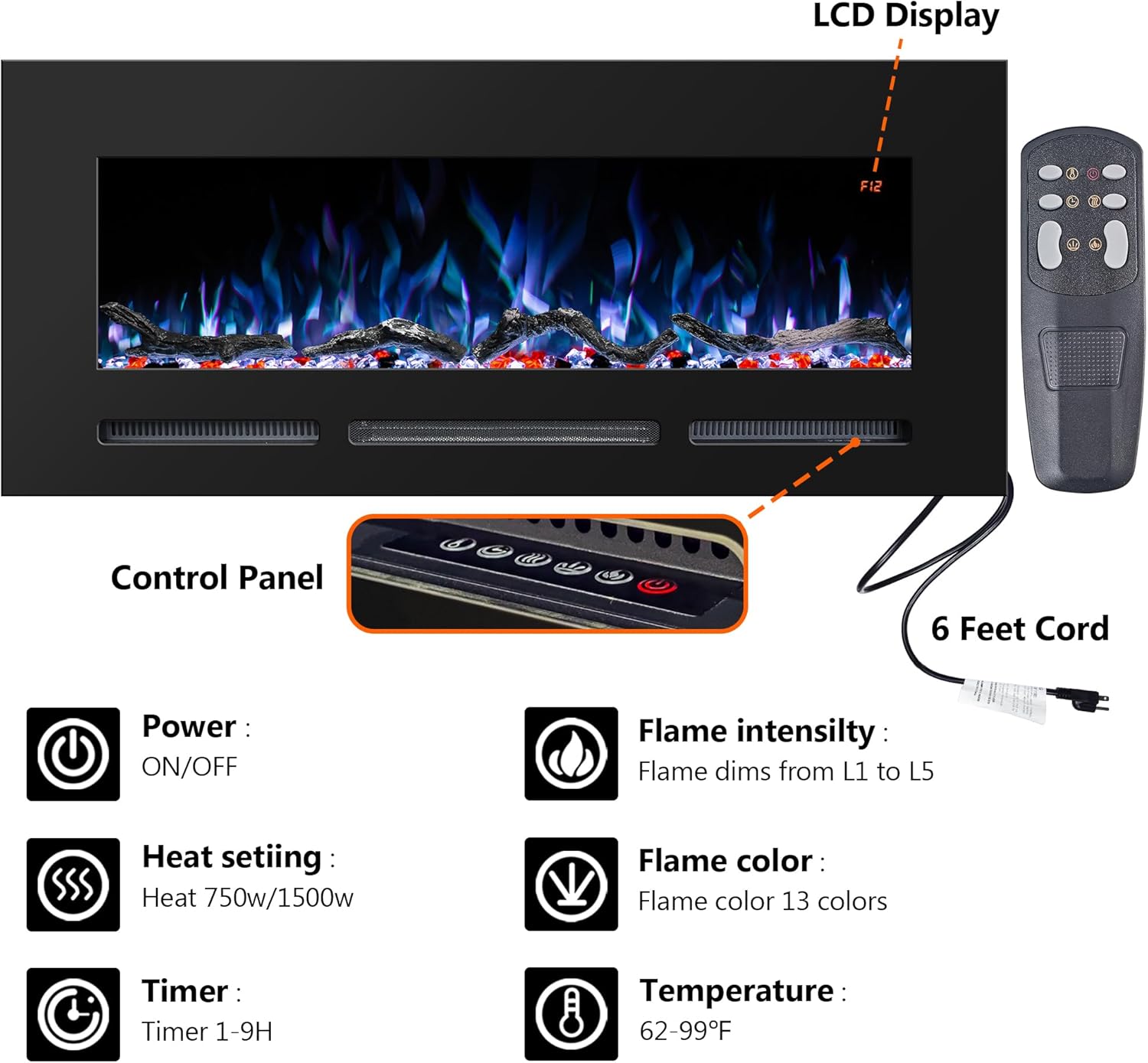 60" Electric Fireplace Wall Mounted and Recessed with Remote Control, Adjustable Brightness,13 Color Flames with Log &Crystal, 9H Timer, 750/1500W