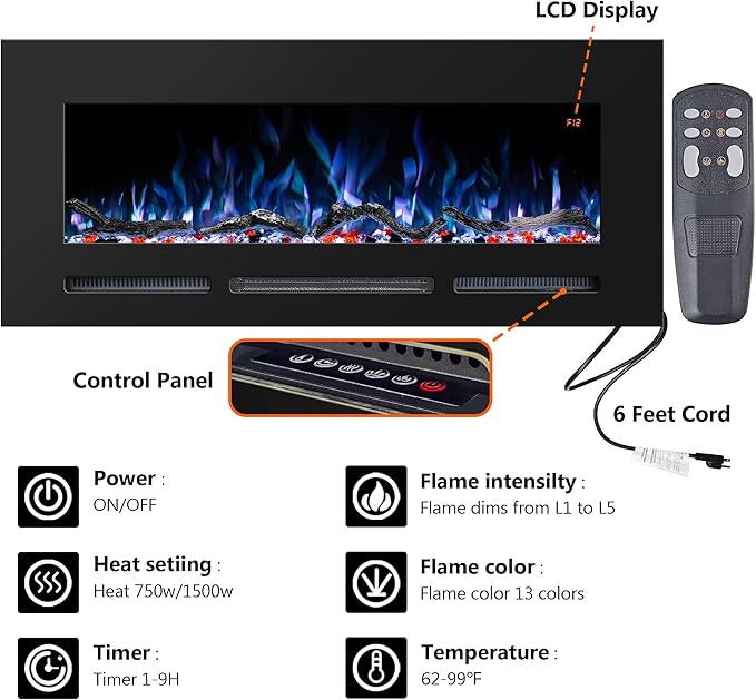 Chimenea Eléctrica 50" Empotrable y de Pared con Control Remoto miniatura 3