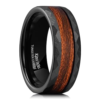 King Will 8mm Mens Silver/Black Tungsten Carbide Ring for Men Nature Koa Wood Inlay/Galaxy Opal Inlay Wedding Bands Hammered Multi-Faceted Wedding Band