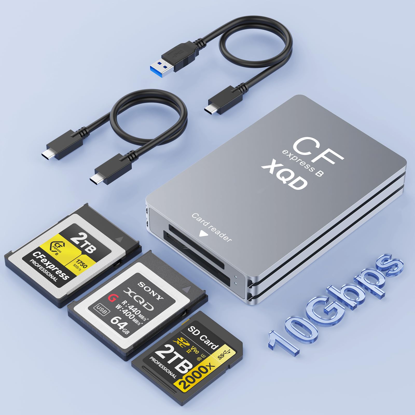 3 in 1 Lettore di schede CFexpress tipo B y XQD y SD con USB 3.2(Gen2)10 Gbit/s,lettore di schede di memoria CFe tipo B & XQD Card Reader Adattatore per Windows/Mac/Linux/Android con Cavo USB-C/US B-A