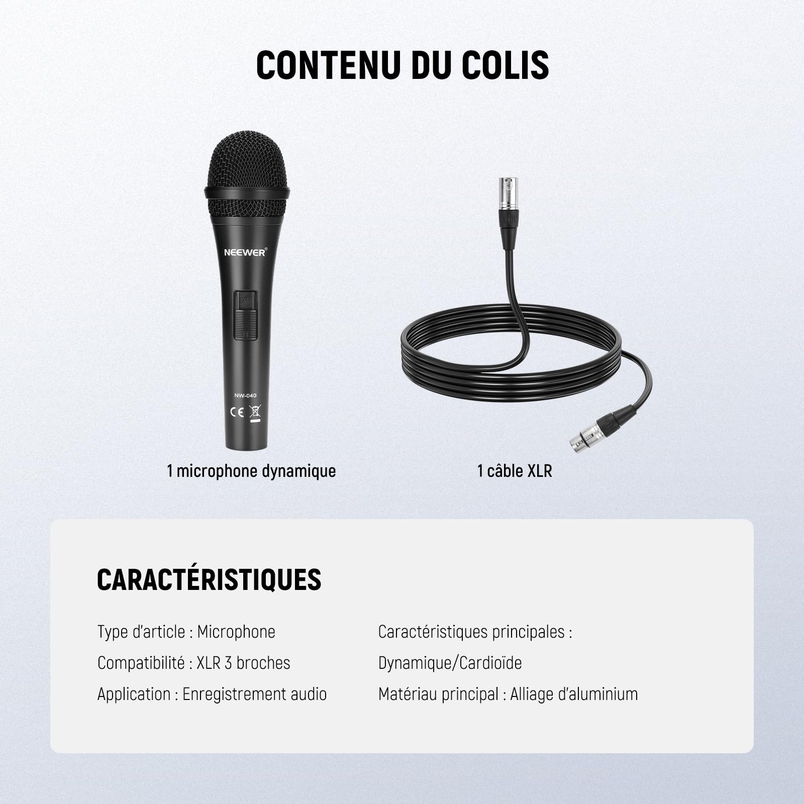 NEEWER Microphone Dynamique Cardioïde avec Câble Mâle XLR à Femelle XLR, Construction Métallique Rigide pour Pickup Professionnel d'Instruments de Musique, Voix, Radiodiffusion, Discours, Noir(NW-040)
