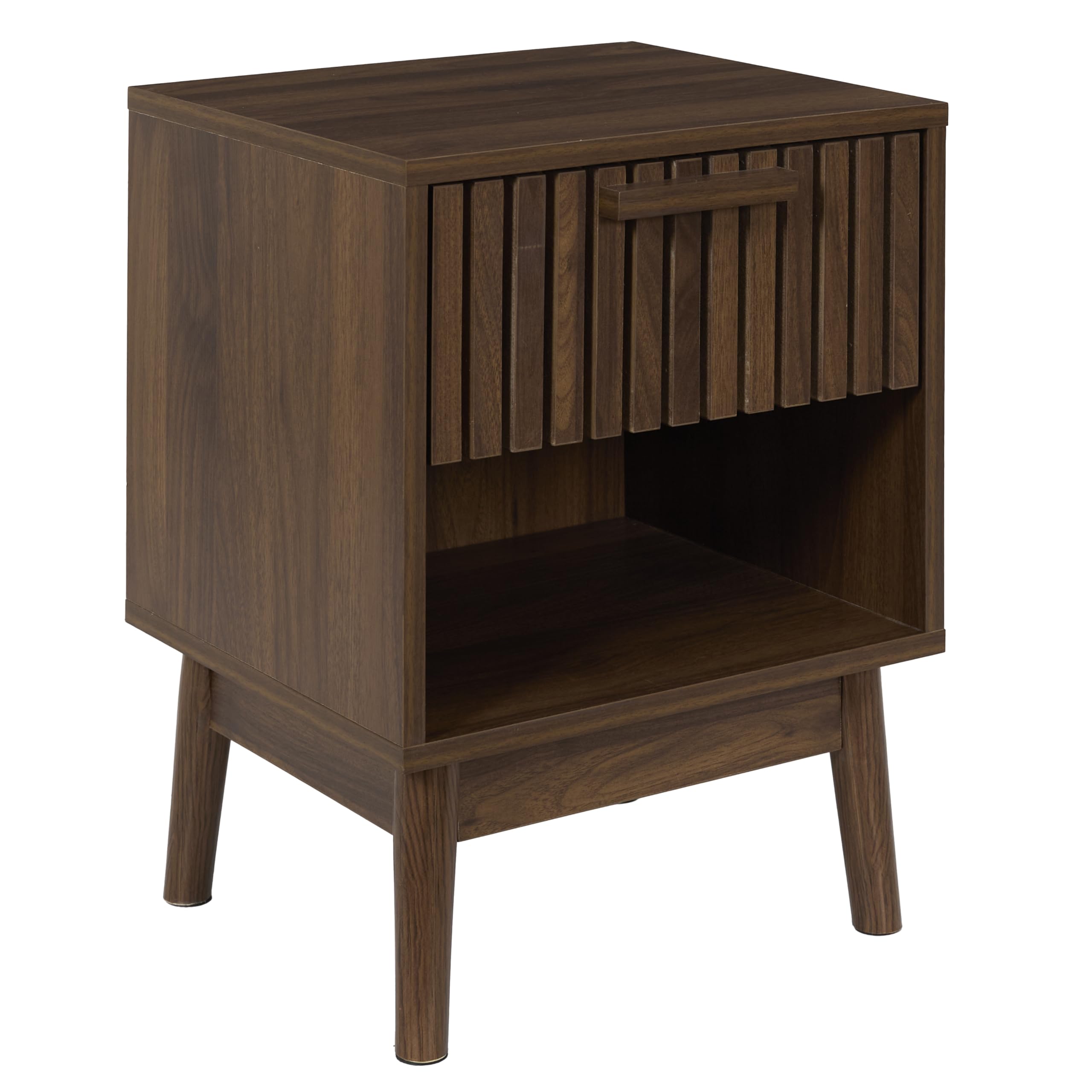 HOME DECO FACTORY - Elegante Comodino Contemporaneo con Cassetto Striato e Nicchia Aperta - Modello Klaus - Ideale per un Pratico Stoccaggio nella Tua Camera - Legno Scuro - 46x13x41 cm