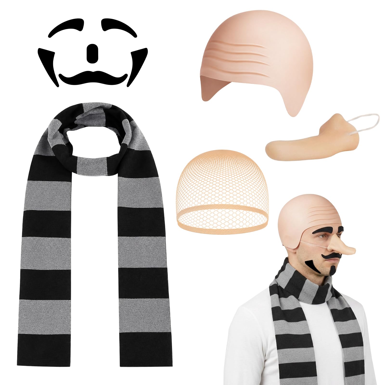XazNvc 5 Pcs Bald Cap Set, Halloween Dress Up Costumes with Hairnet, Nose, Scarf, Eyebrows and Beard, World Book Day Costumes for Costume Parties and Cosplay
