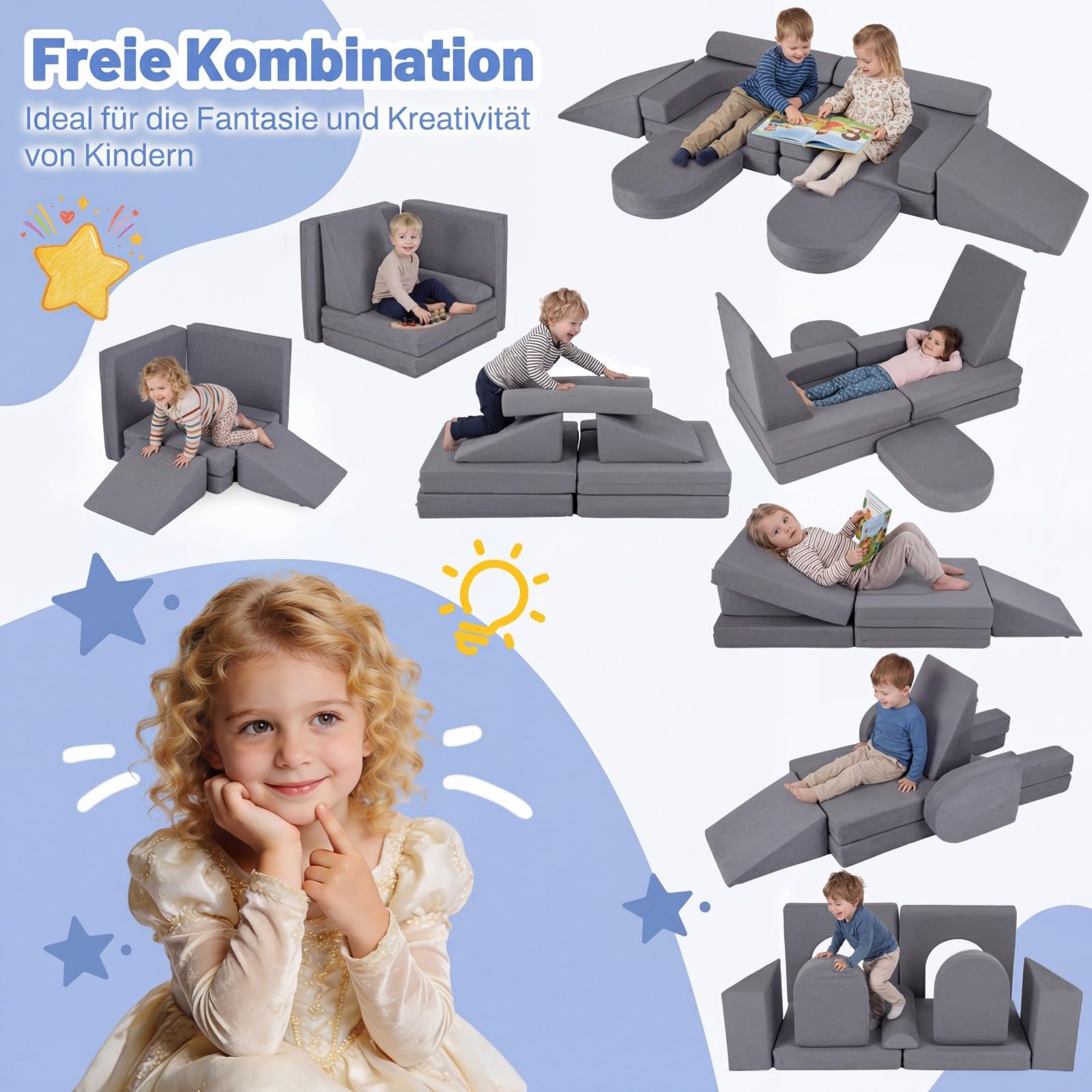 COSTWAY 10-częściowa modułowa sofa do zabawy, rozkładana sofa dziecięca ze zdejmowaną i nadającą się do prania poszewką z zamszu, piankowe klocki do pokoju dziecięcego, kanapa dla dzieci od 3 lat