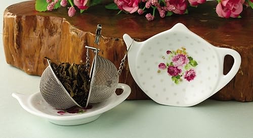 Miniatura 8 de Juego de cerámica de porcelana blanca con borde de flor en forma de tetera soporte para bolsitas de té, posavasos, reposabrazos; juego de platos
