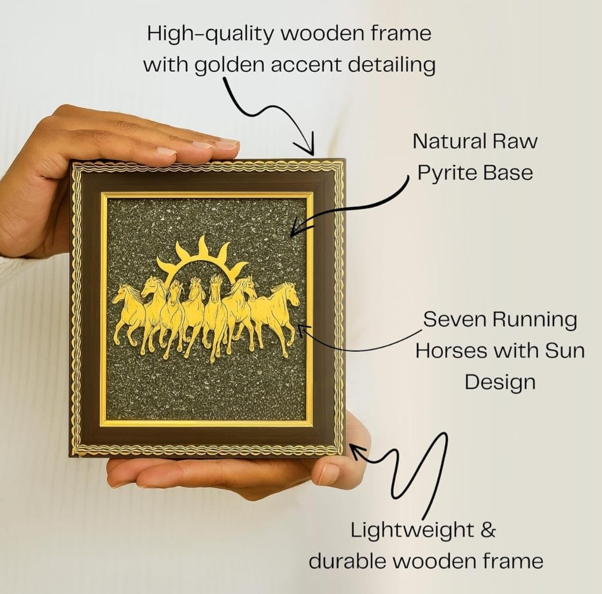 Pyrite Stone Frame with Vastu Seven Running Horses with Sun to Attract Money, Protection and Chakra Healing - Big Size 7 Horses Painting Vastu Wooden Photo Frame Wall Decor Items for Living Room with
