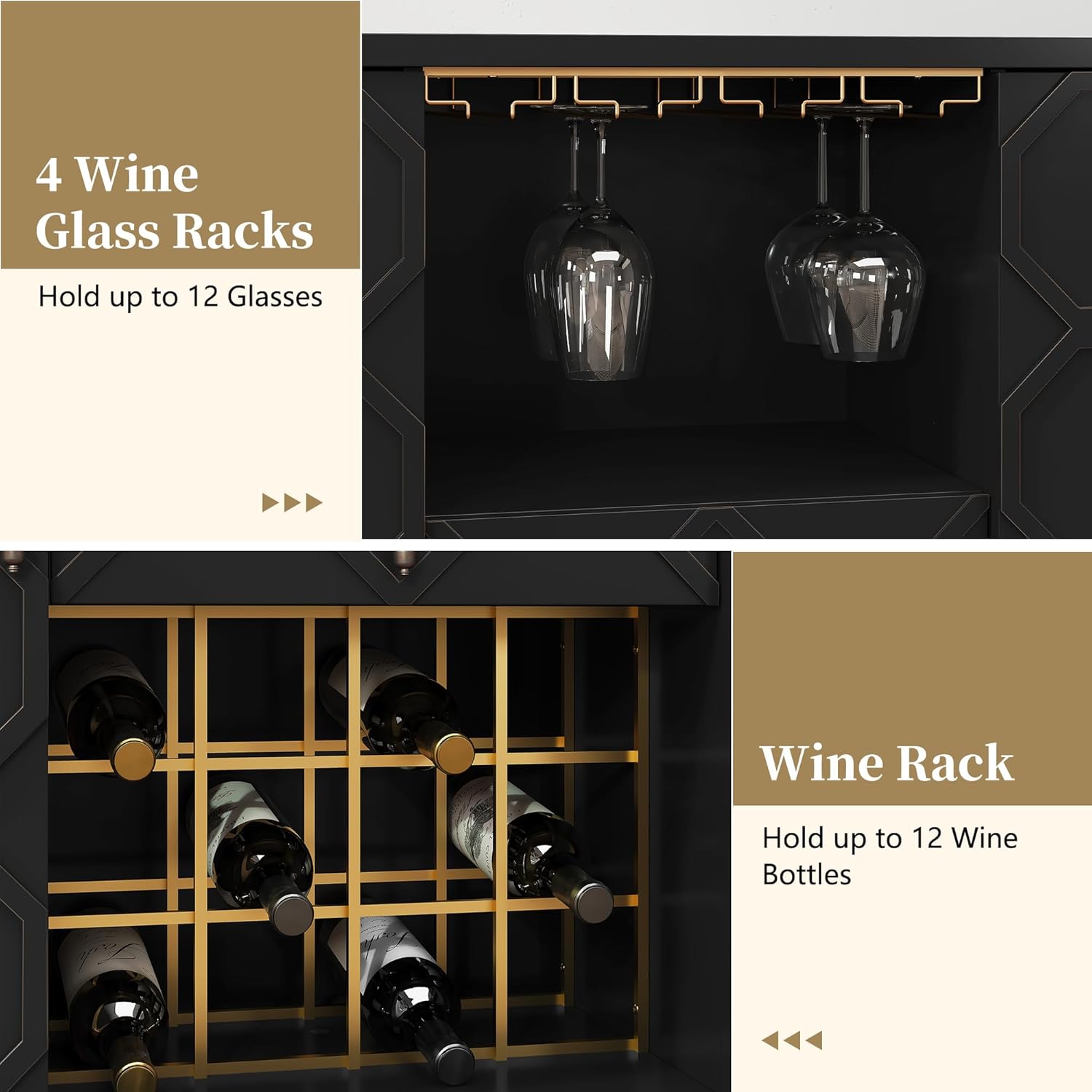 Modern Bar Cabinet with Drawer, Liquor Cabinet with Wine Glass Racks and Shelves, Geometric Door Buffet Sideboard for Dining Room, Living Room, Kitchen, Black