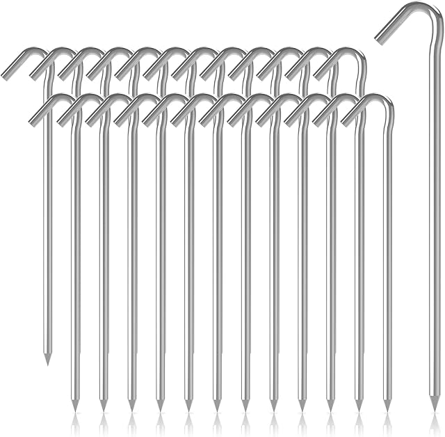 25 PCS Tent Pegs Heavy Duty, Metal Galvanised Garden Stakes for Camping, Hiking, Traveling,Ground Peg with Curved Hook Ends,Christmas Decorations,5mm×9inch