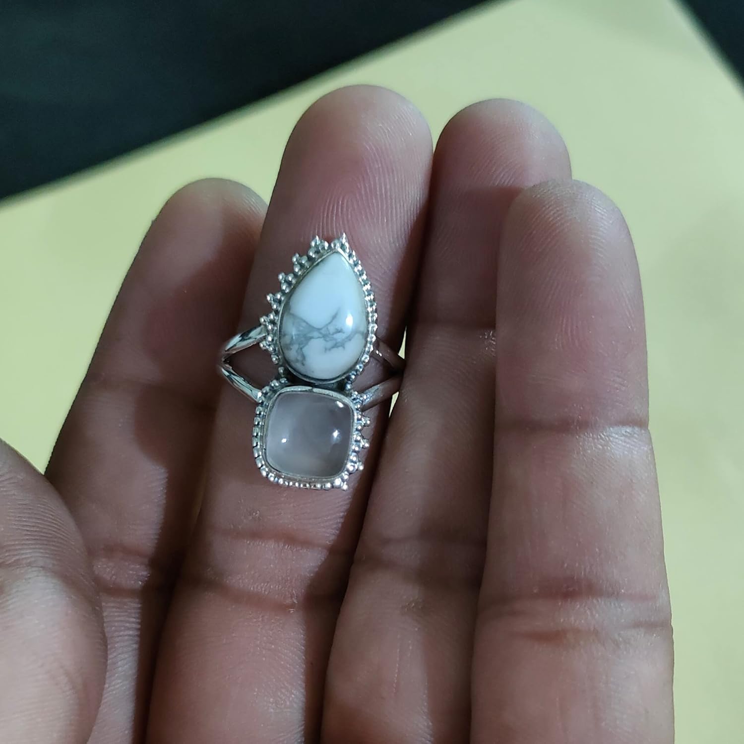 White Howlite Rose Quartz Ring, Sterling Silver Ring, Antique Ring, Long Ring, Bohemian Ring, Turquoise Howlite Ring, Promise Ring, Buffalo Ring, Bridesmaids Gift, Healing Crystal, Vintage Style