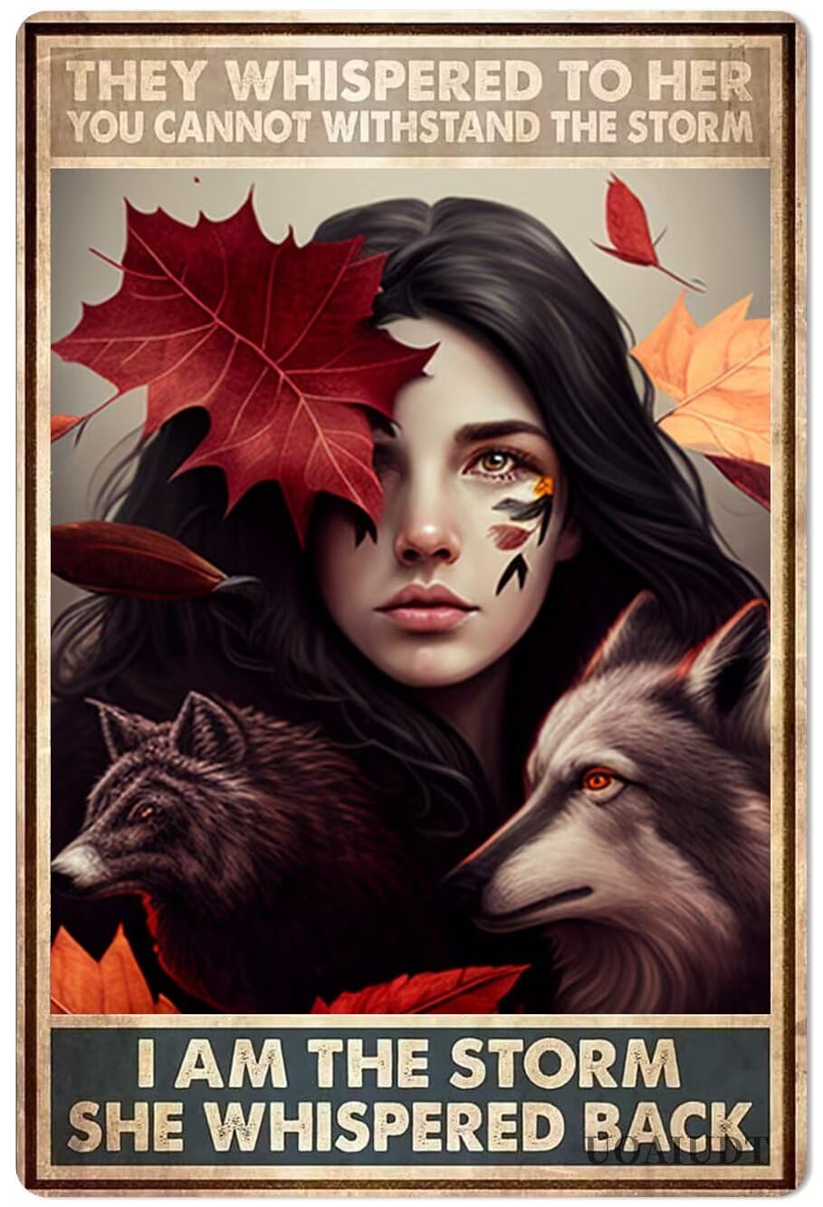 peiyeety Metal Tin Sign She Whispered I Am The Storm Wolf Girl Art Decorative 6x8 Inch Vintage Retro Wall Art Plaque For Home Living Room Bedroom Inspirational Rustic Themed Wall Decor
