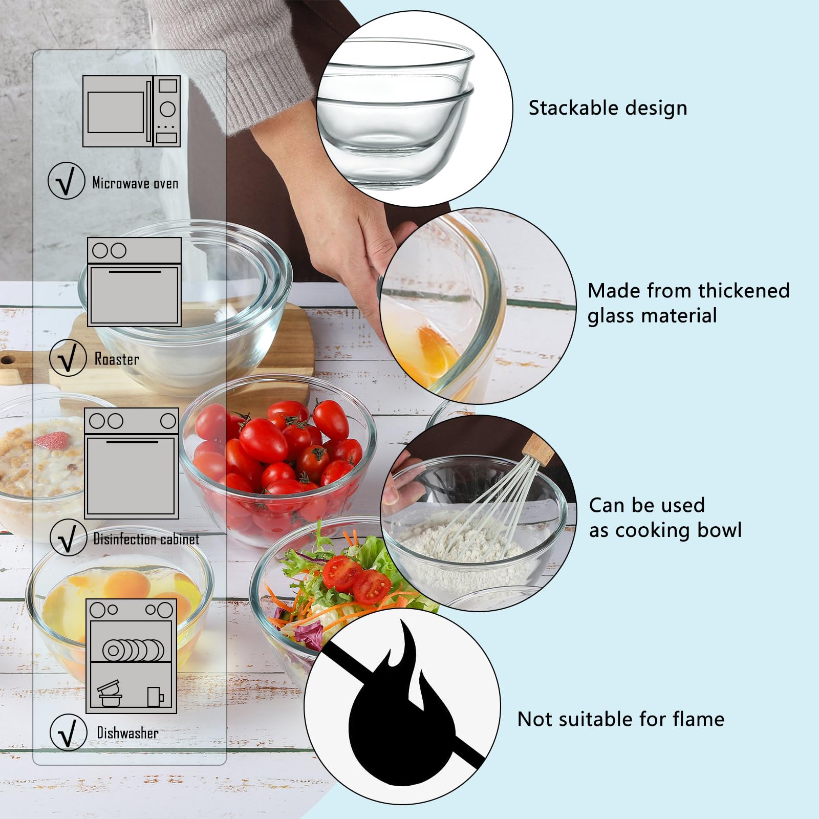 WHJY Paquete de 3 cuencos de vidrio para cereales de 7 pulgadas, cuencos de vidrio transparente para servir ensalada, pasta y cereales