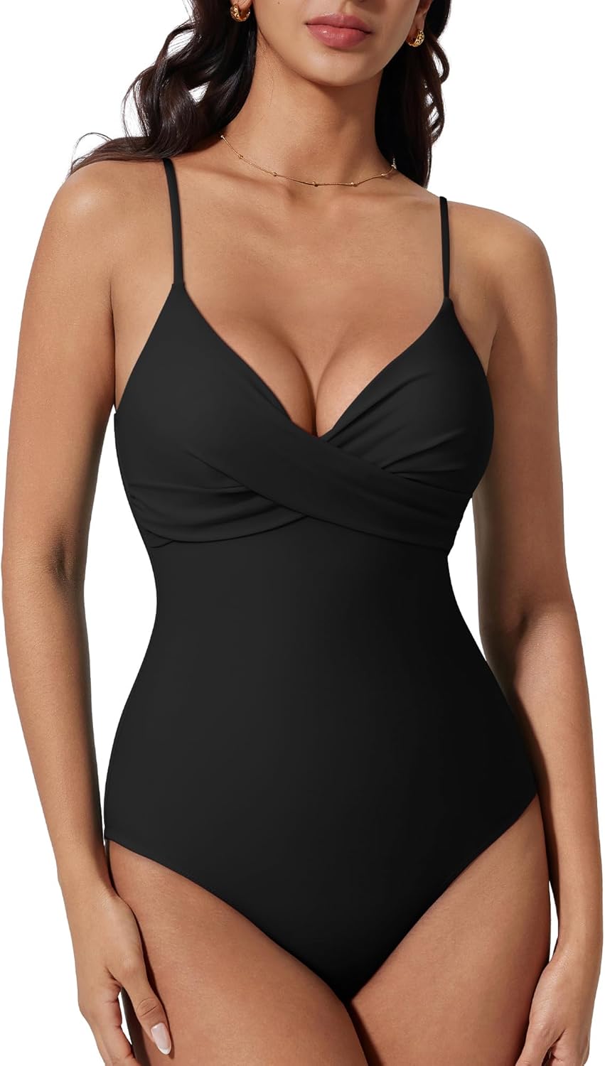 SUUKSESS Women Tummy Control One Piece Swimsuits V Neck Front Cross Bathing Suit