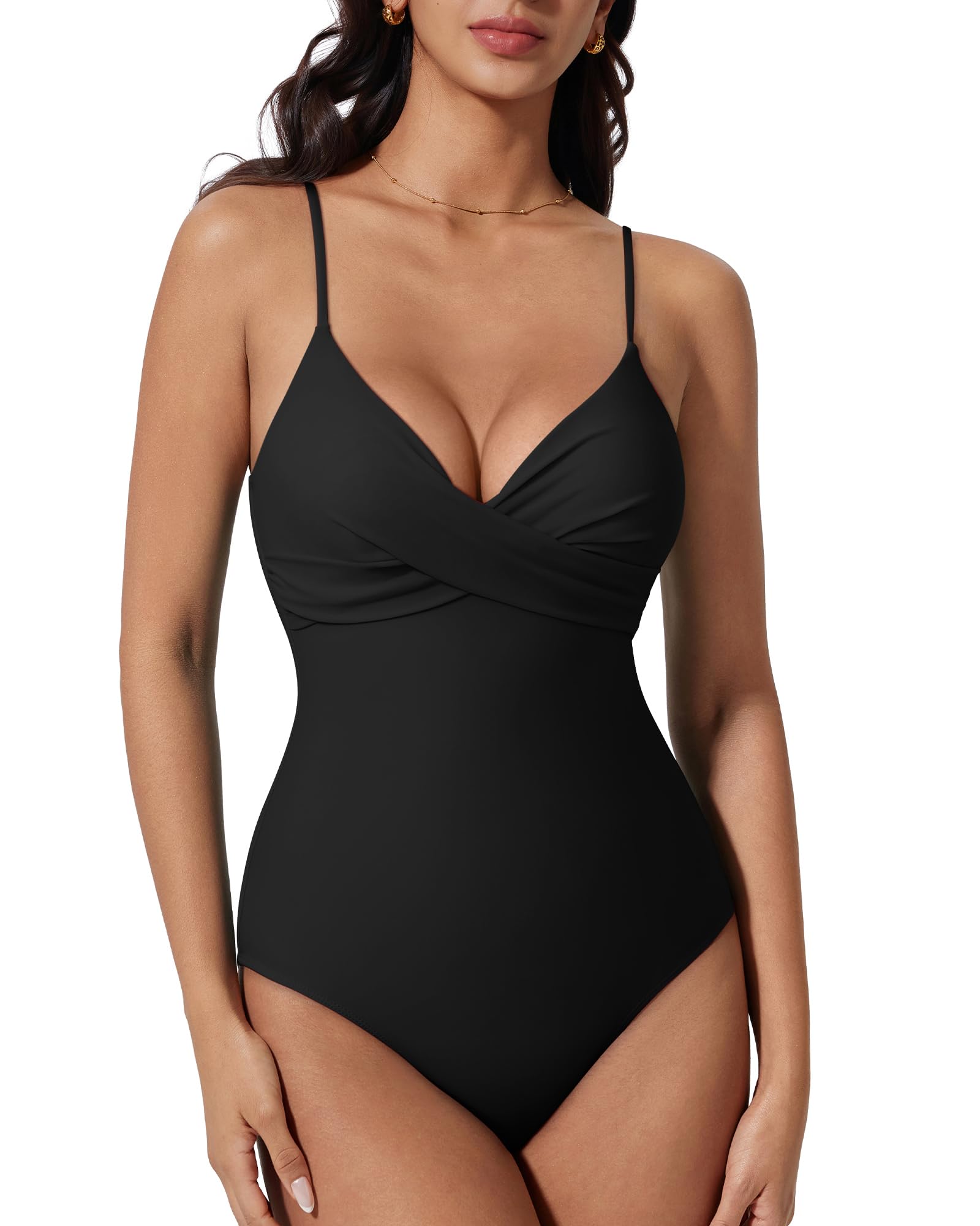 SUUKSESS Women Tummy Control One Piece Swimsuits V Neck Front Cross Bathing Suit