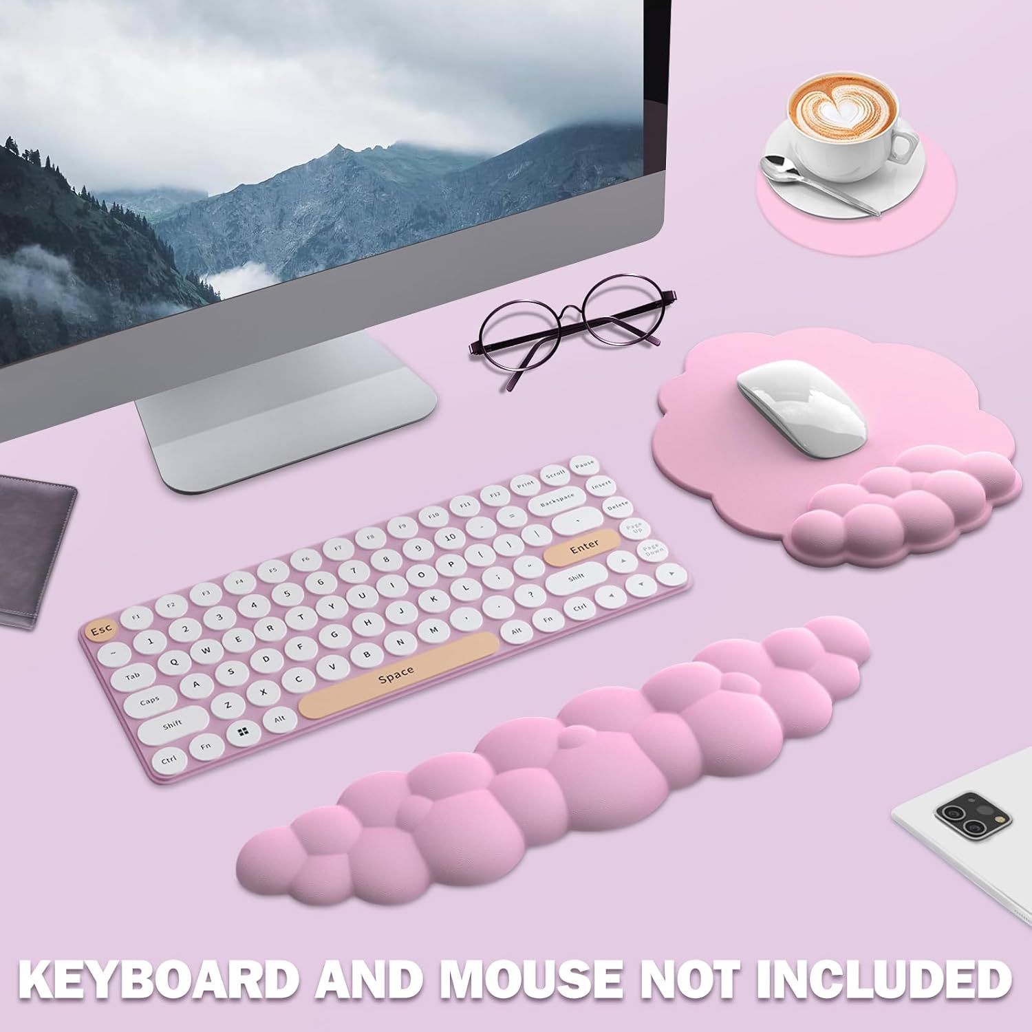 Cloud Keyboard Wrist Rest and Mouse Pad with Wrist Support Set, Ergonomic PU Leather Mouse Pads, Pain Relief Memory Foam Non-Slip Mousepad for Computer,Laptop,Pink