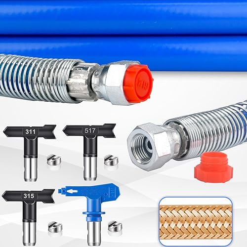 Miniatura 7 de Pistola pulverizadora de pintura sin aire de 50 pies, manguera sin aire, poste de extensión de pulverización azul de 10 pulgadas y punta de