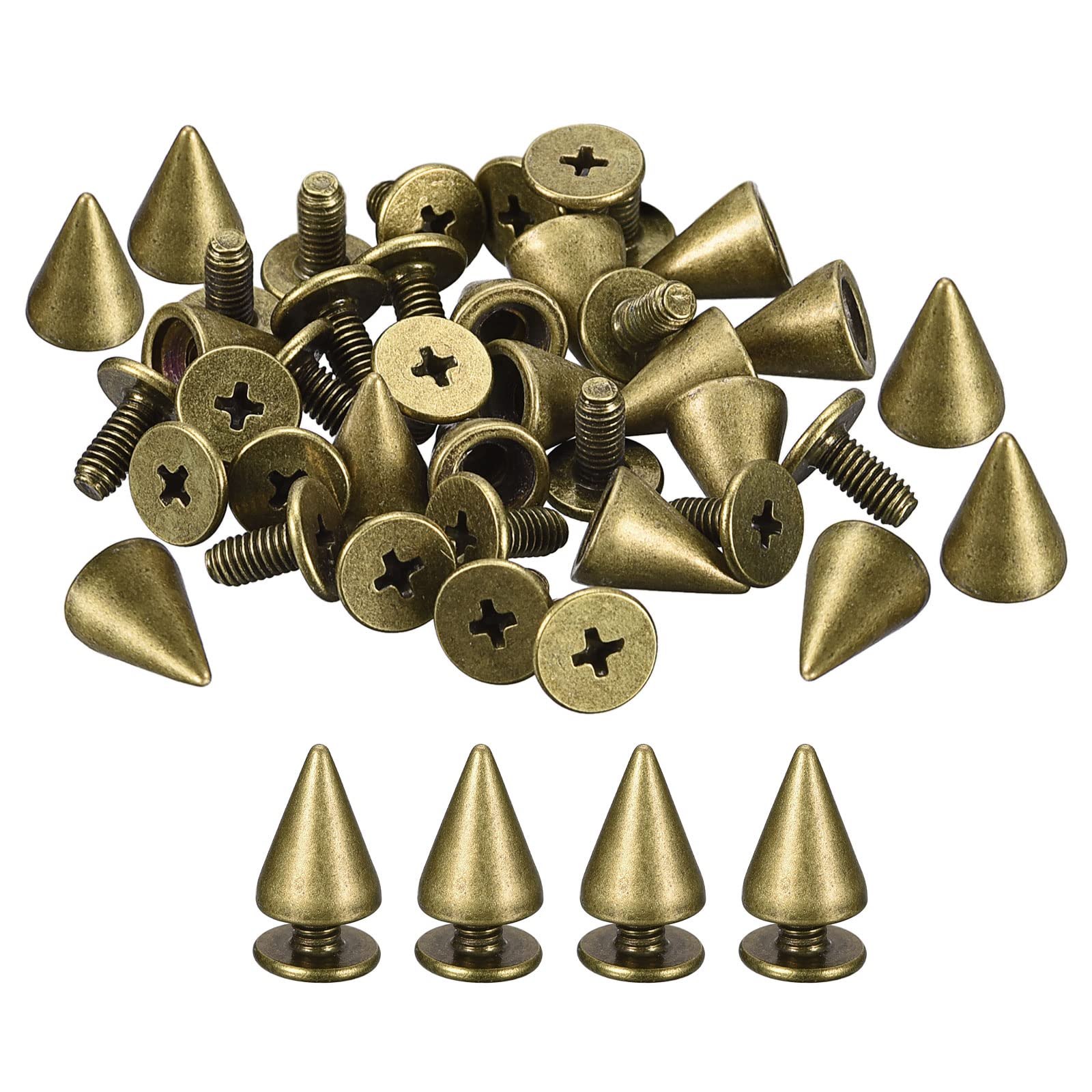 QUARKZMAN Set of 20 Cone Tip Bolts 7 x 10 mm Rivets and Spike Metal Screws Rear Rivets for Clothing Belt Bags Shoes Crafts Leather Goods Bronze Tone