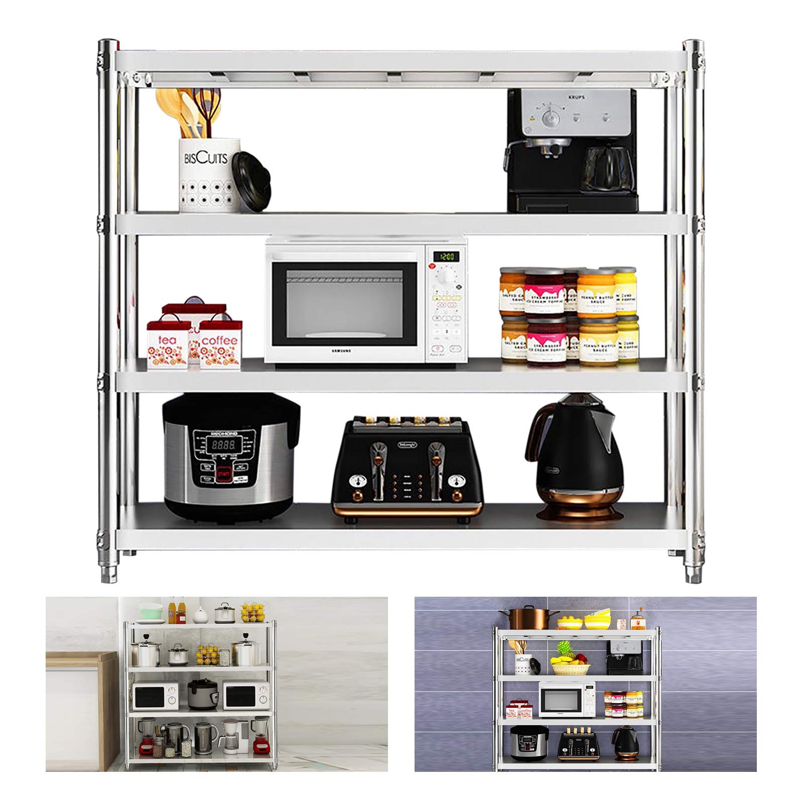 Tavolo da lavoro in acciaio inox, 120 x 40 x 150 cm, 4 ripiani, in acciaio inox, per dispense, ristoranti, cucine, grandi cucine