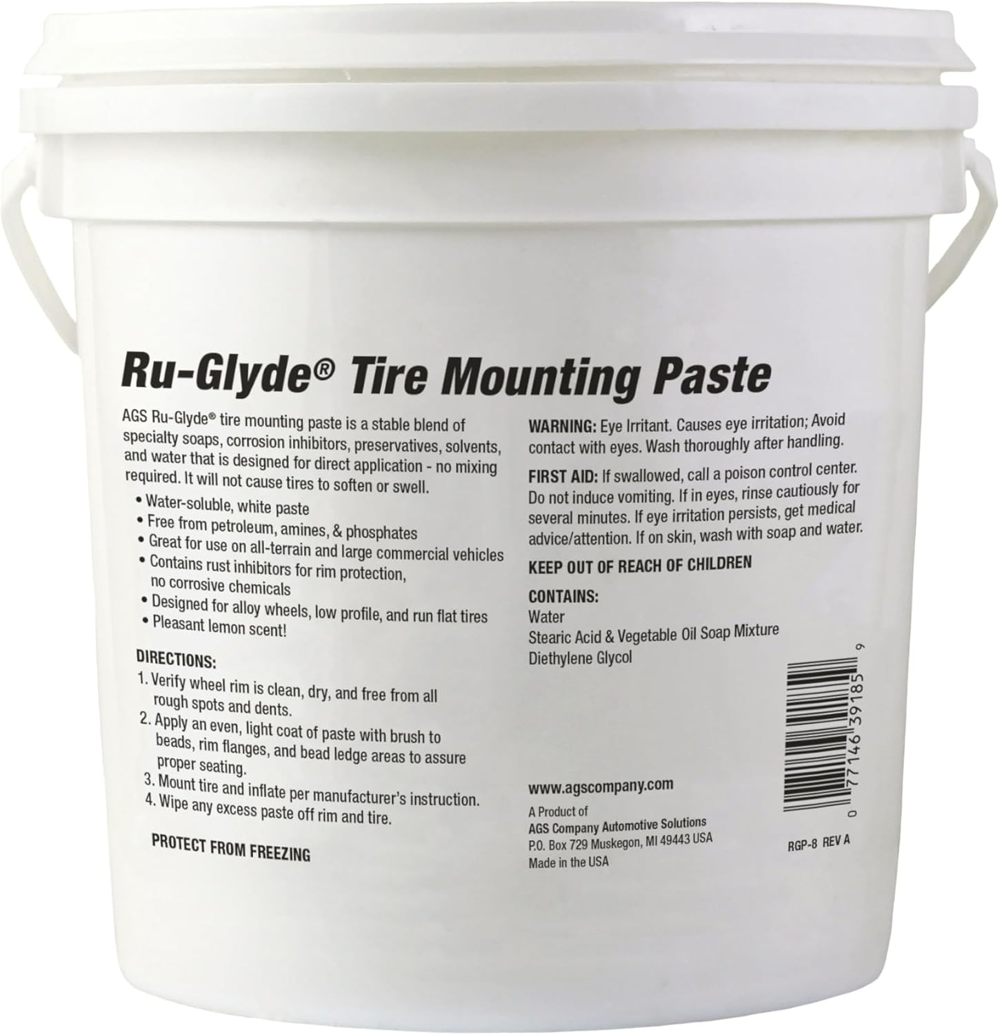 AGS Ru-Glyde Tire Mounting Paste - 8lb Pail - Premium Quality Tire Mounting Lubricant, Ensures Smooth, Efficient Tire Installation - Perfect for Automotive/Industrial Use - Prevents Rim/Tire Damage