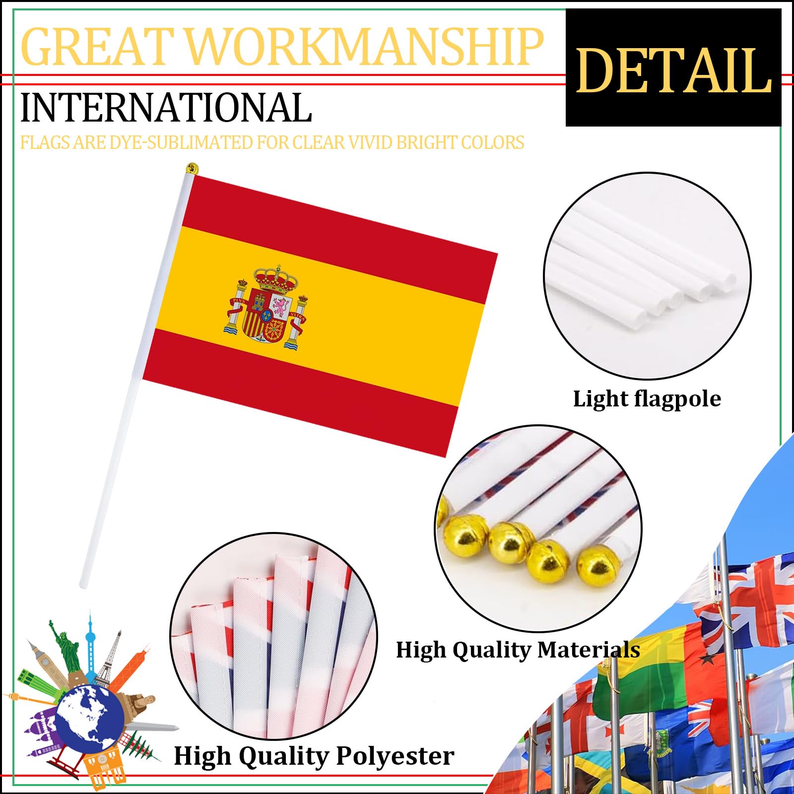 YAAVAAW 10 pièces Mini Drapeau à La Main de Espagne,Petit Drapeaux Espagne Personnalisable Mat,avec Tiges en Plastique,pour Oktoberfest Événements Sportifs,Décoratifs d'extérieur,Fête