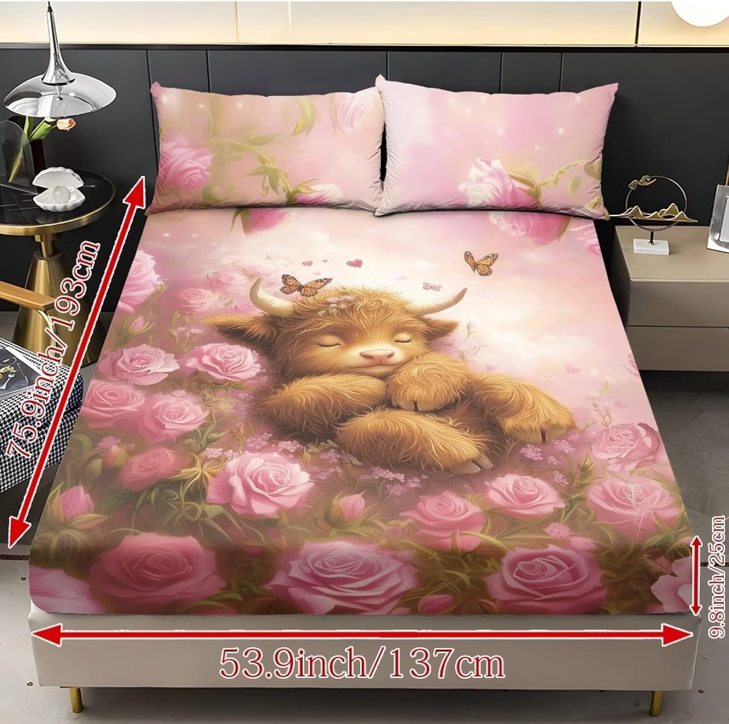 Pink Rose Highland Cow Kids Sheets Set Bedding Set Cute Animal Fitted Sheet for Boys Girls Children Cartoon Style Bed Sheets for Living Room, Teal Blue(No Top Sheet)