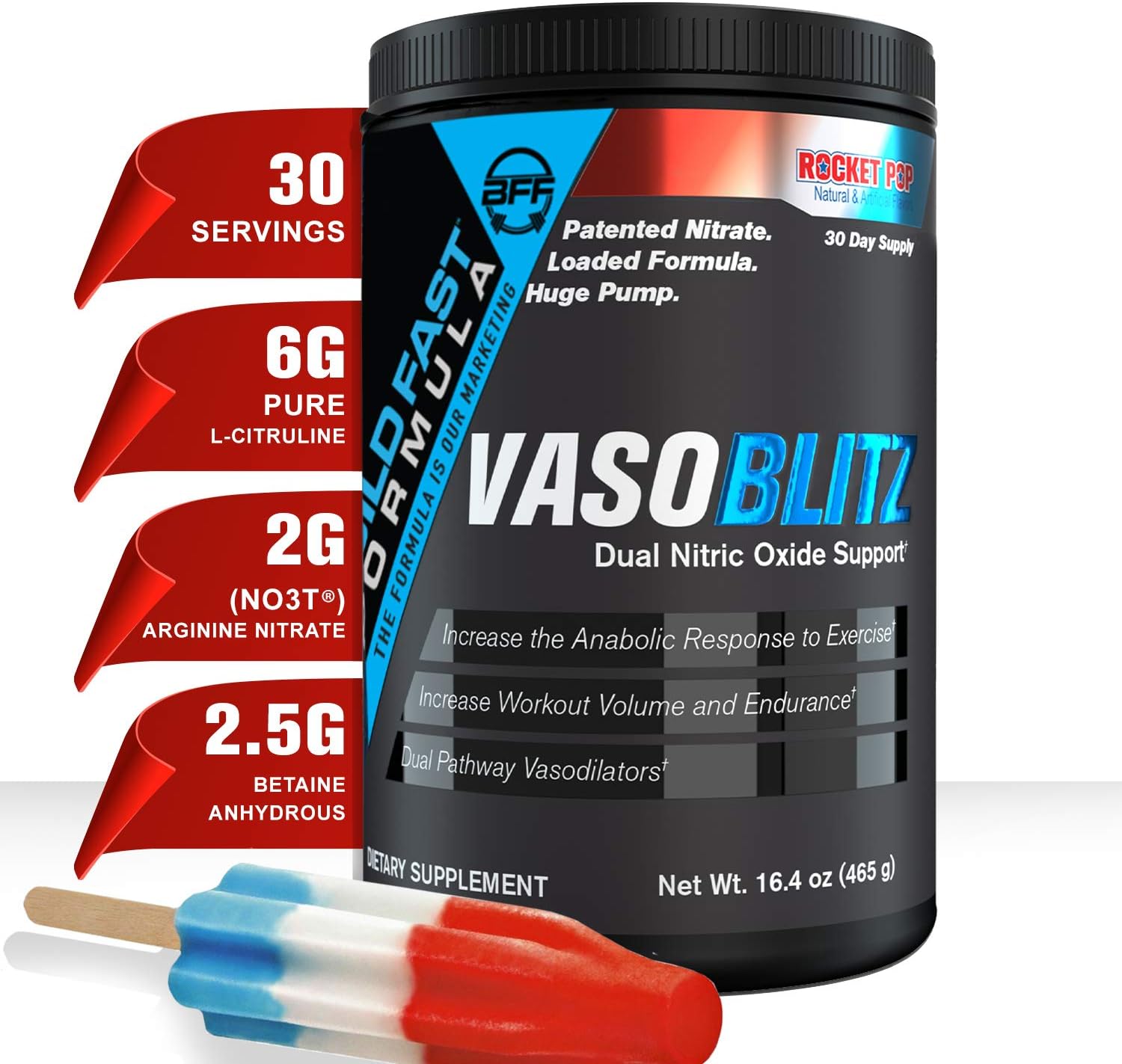 VASOBLITZ Award Winning Dual Nitric Oxide Pre Workout with NO3T Arginine Nitrate,L-Citrulline,Betaine Anhydrous,Calcium Lactate,Caffeine Free for Muscular Endurance(30 Serving) (Rocket Pop)