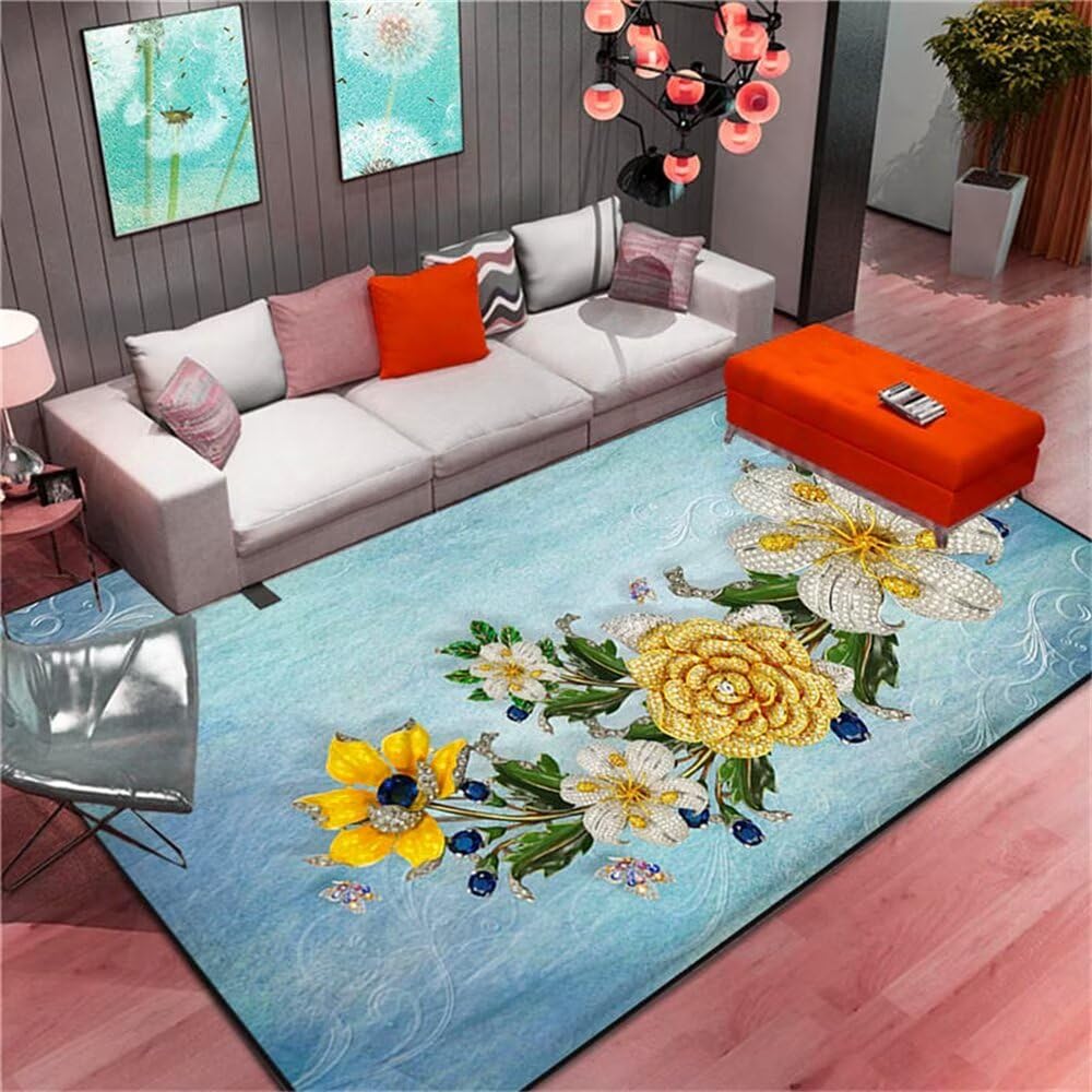 Tapis chambre enfants super doux et confortable grand format bleu et jaune