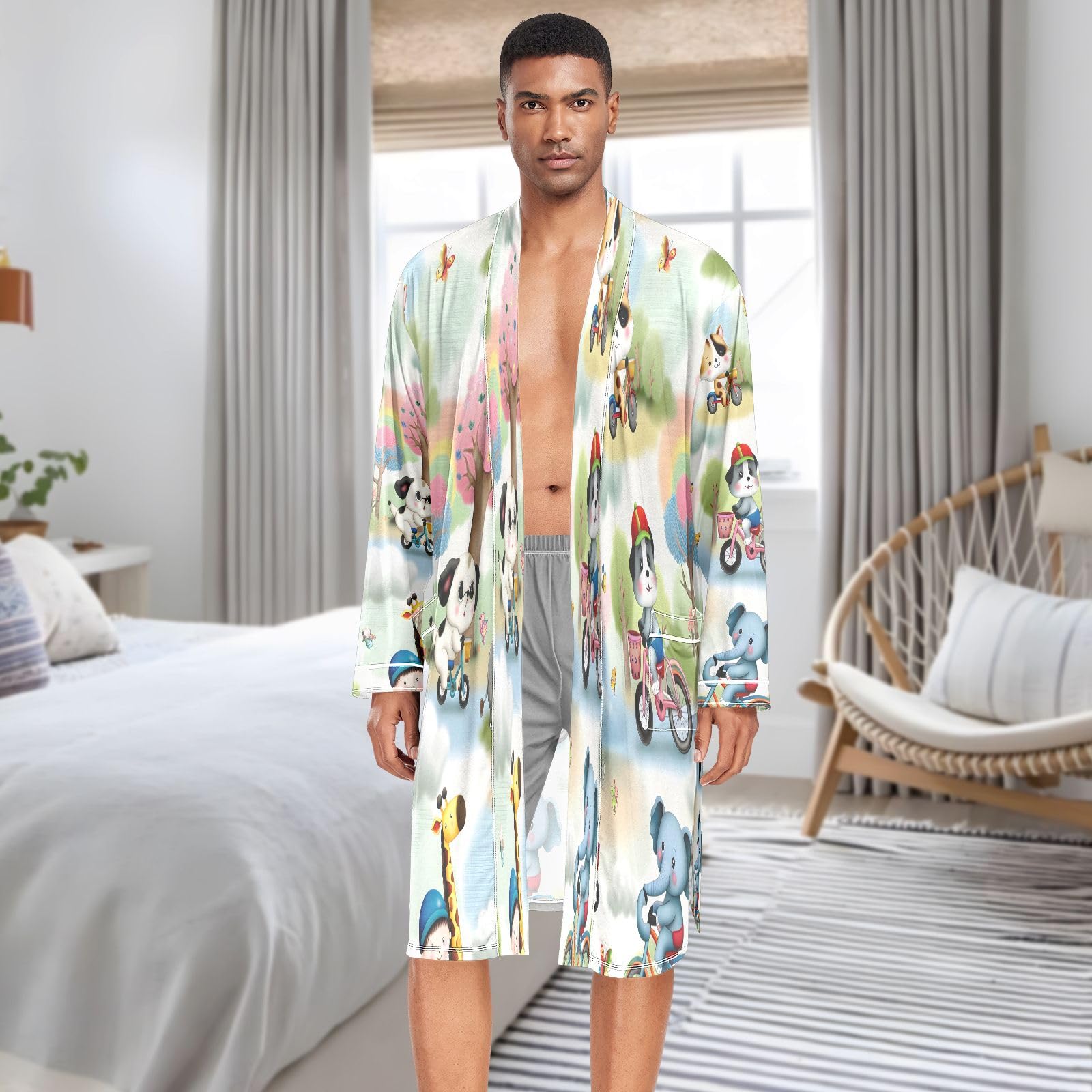 Albornoz ligero para hombre, con imágenes de animales en bicicleta, albornoz de spa